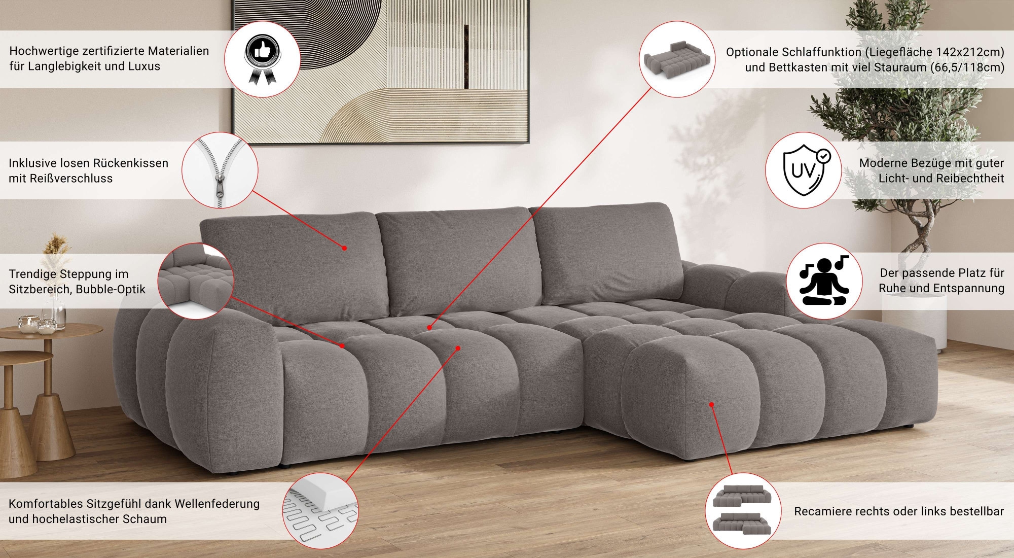 INOSIGN Ecksofa »AZITA klein optionale Schlafsofa mit Bettkasten, B/T/H: 270/166,5/84cm«, L-Form mit Wellenunterfederung, Bubble-Optik