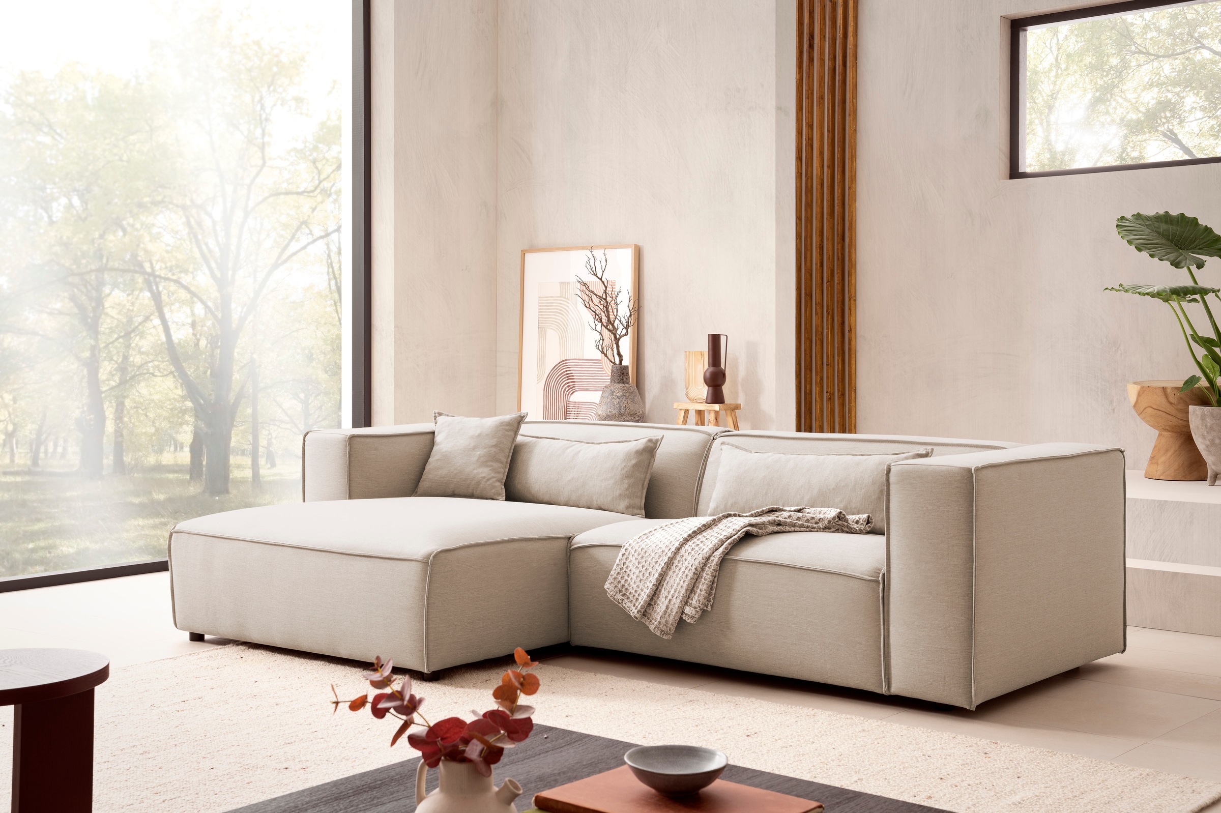 LeGer Home by Lena Gercke Ecksofa »PIARA mit Kedernaht in Cord oder Leinenoptik, moderne Couch in L-Form«, wahlweise Ottomane rechts/links, schwarze Füße, bequemer Sitzkomfort