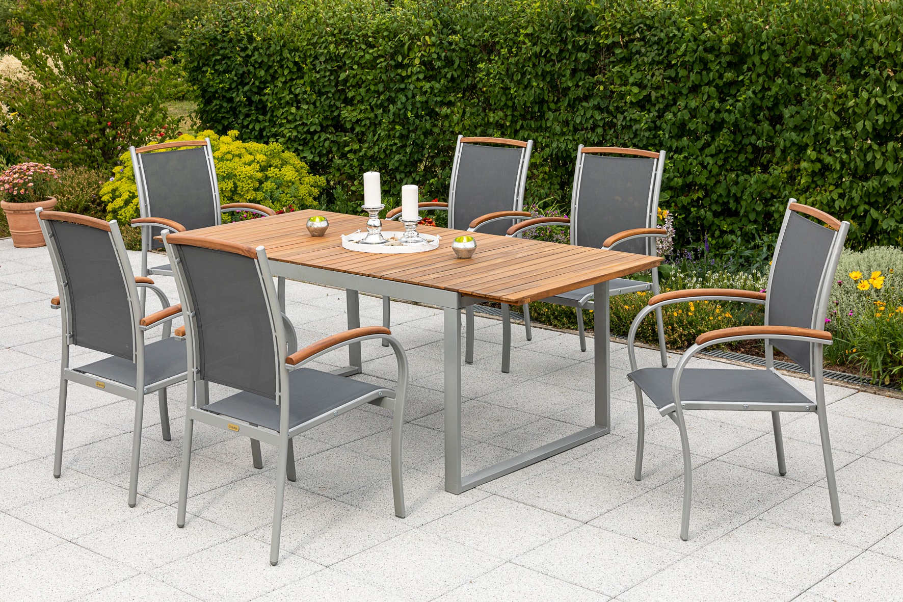 MERXX Garten-Essgruppe »»Siena««, (Set, 7 tlg., Pulverbeschichtetes Aluminiumgestell, Tischplatte aus Akazienholz), Ausziehtisch: LxB: 150-200 x 90 cm