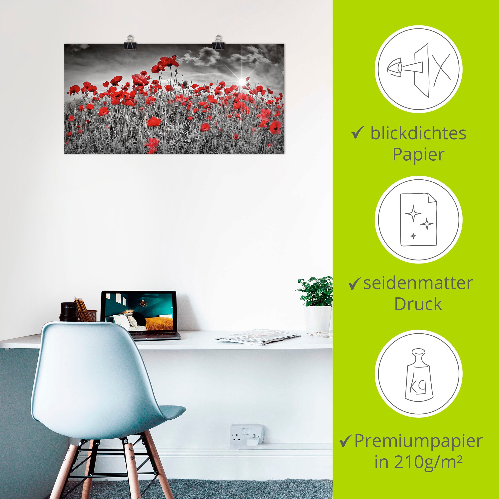 Artland Wandbild »Idyllisches Mohnblumenfeld mit Sonne« Blumen 1 Stk. tlg. als Alubild, Outdoorbild, Leinwandbild, Poster, Wandaufkleber