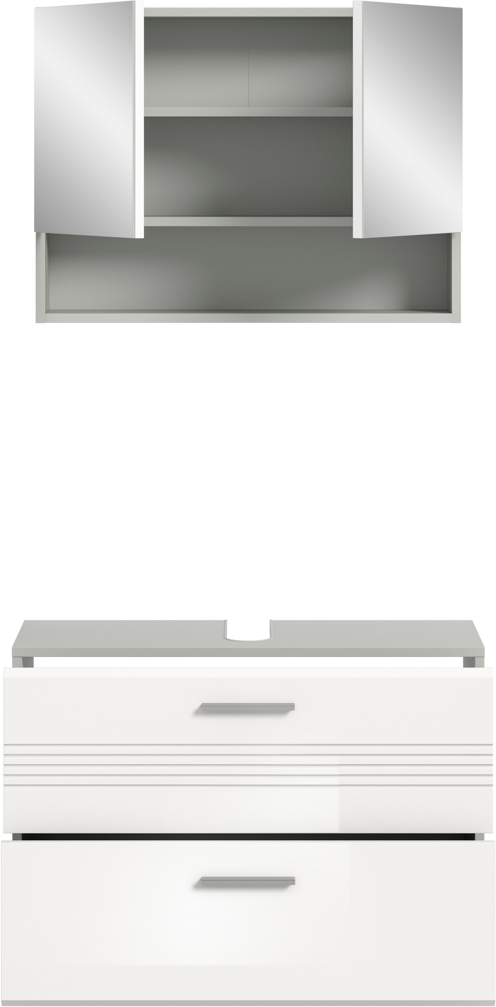welltime Badmöbel-Set »Calicio, bestehend aus: Waschbeckenunterschrank, Spiegelschrank«, (2 St.), hochwertige MDF Front mit Rillenfräsung