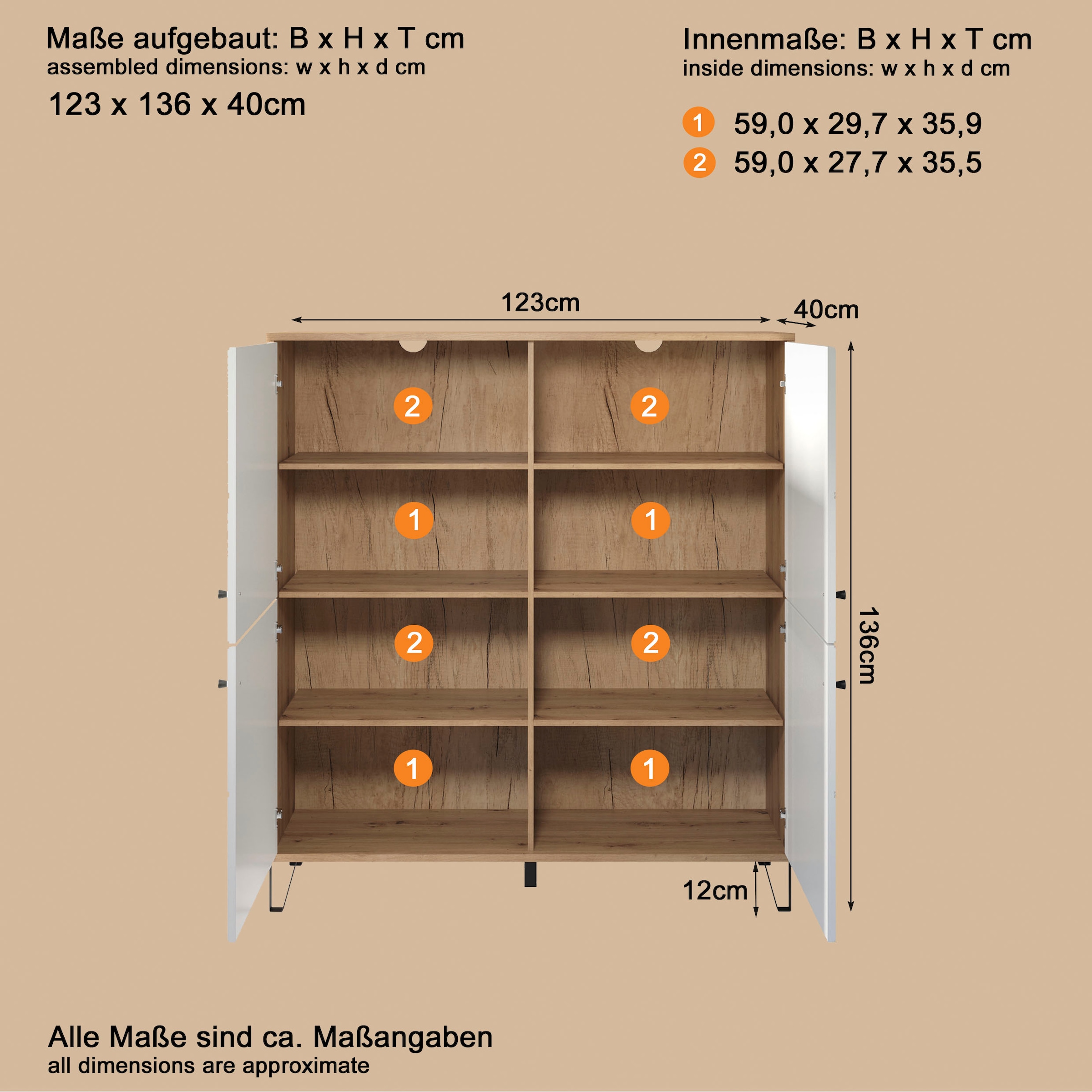 PLACES OF STYLE Highboard »Tarragona« Highboard mit 4 Türen & Soft-Close - (B/T/H) 123/40/136 cm