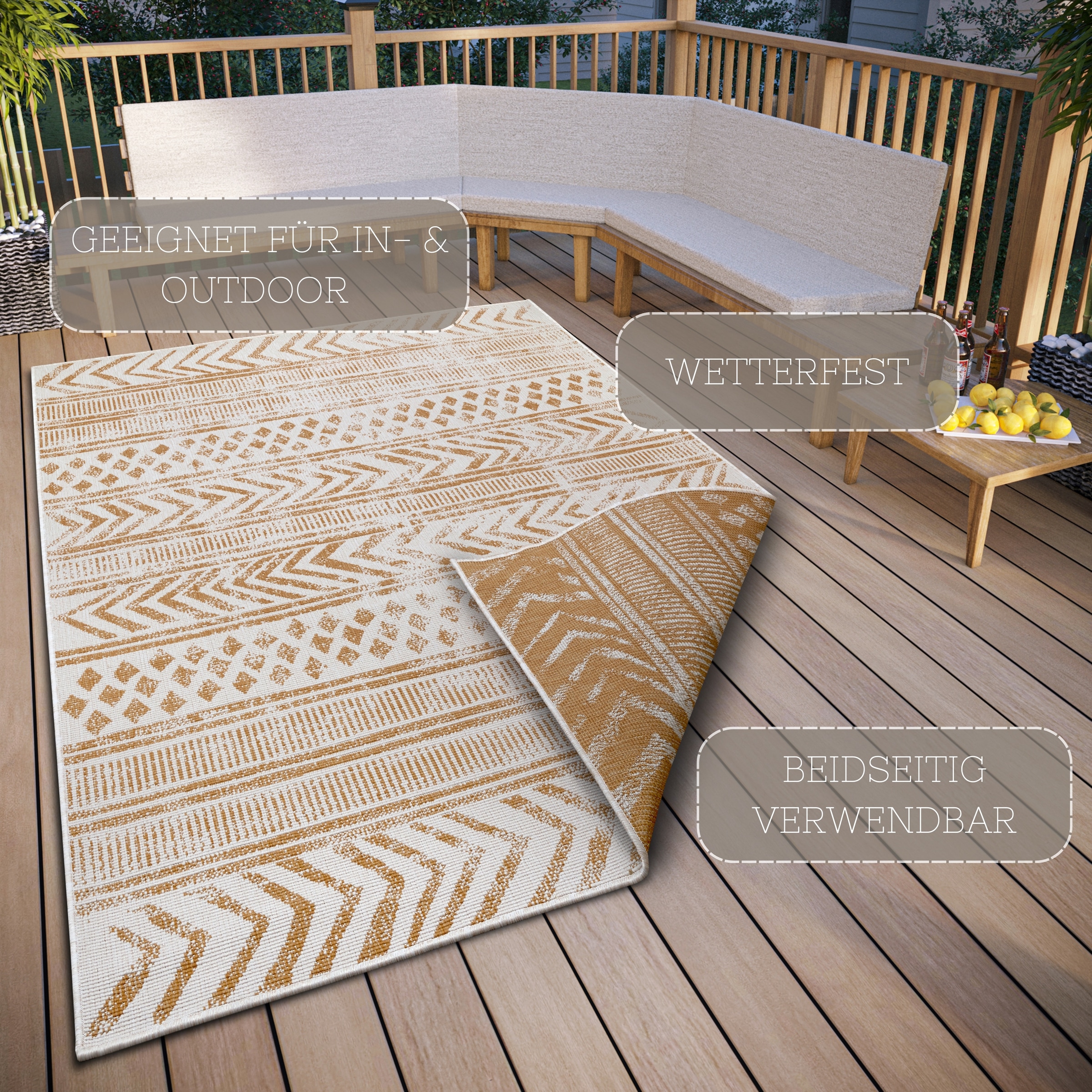 HANSE Home Teppich »BIRI Wendeteppich«, rechteckig, 5 mm Höhe, In-& Outdoor, Wetterfest, Balkon, Läufer, Wohnzimmer, Wasserfest, Boho