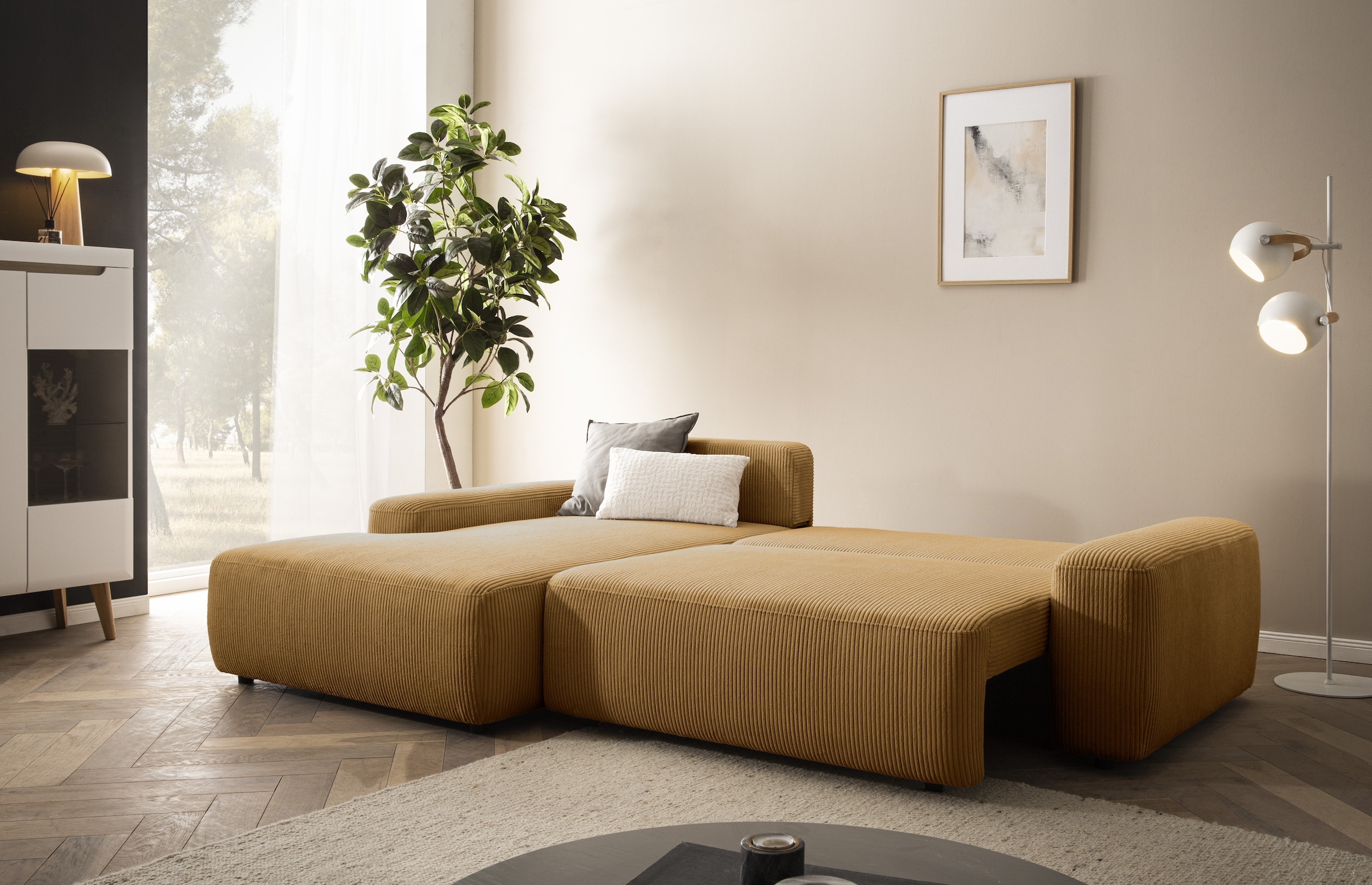 Home affaire Ecksofa »TORGE (264cm), Schlafsofa in Cord, Samtvelours o Struktur fein, L-Form« Schlaffunktion, Bettkasten, Liegefläche: 125/210 cm