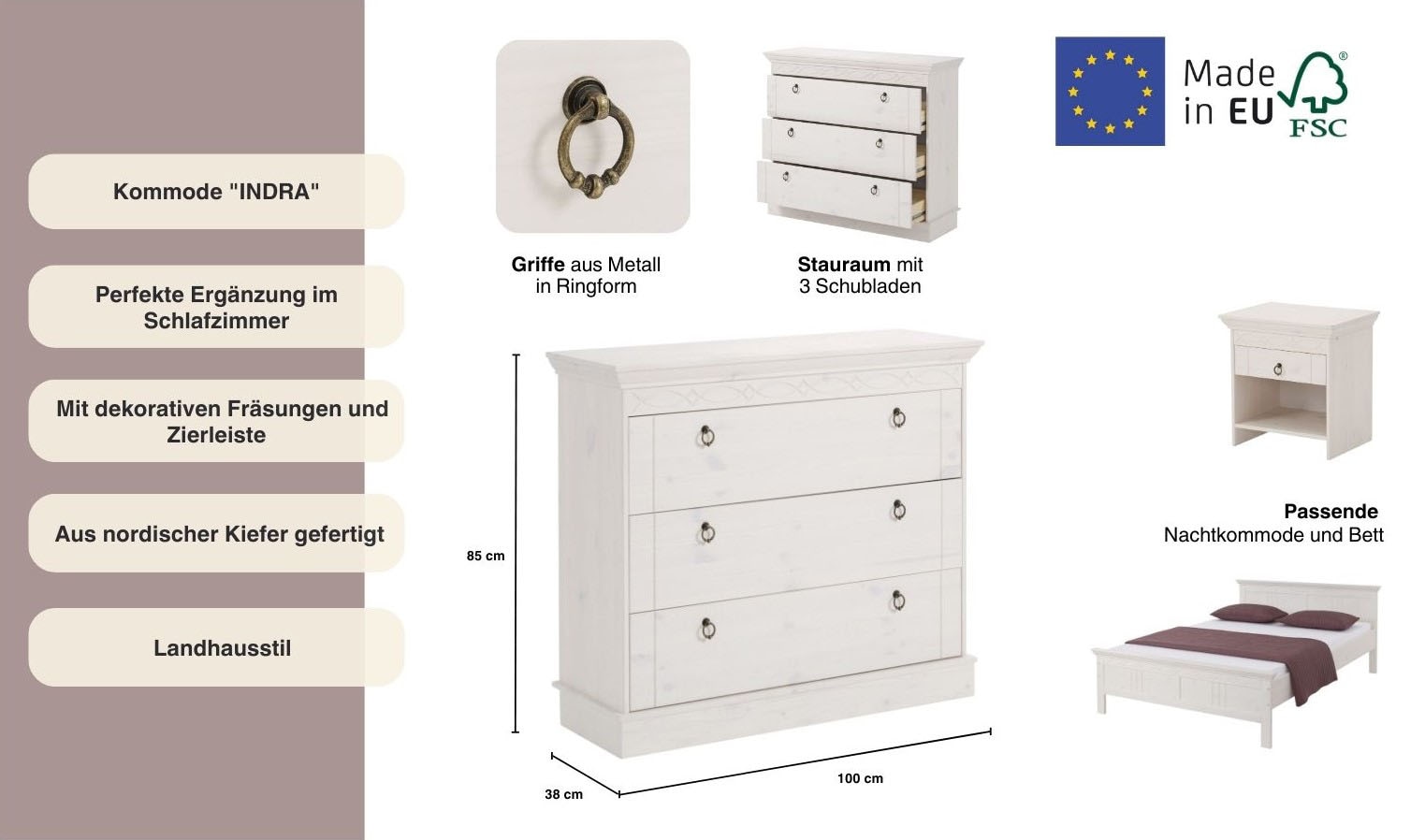Home affaire Schubkastenkommode »Indra«, aus massiver Kiefer, mit 3 Schubladen, Breite: 100 cm