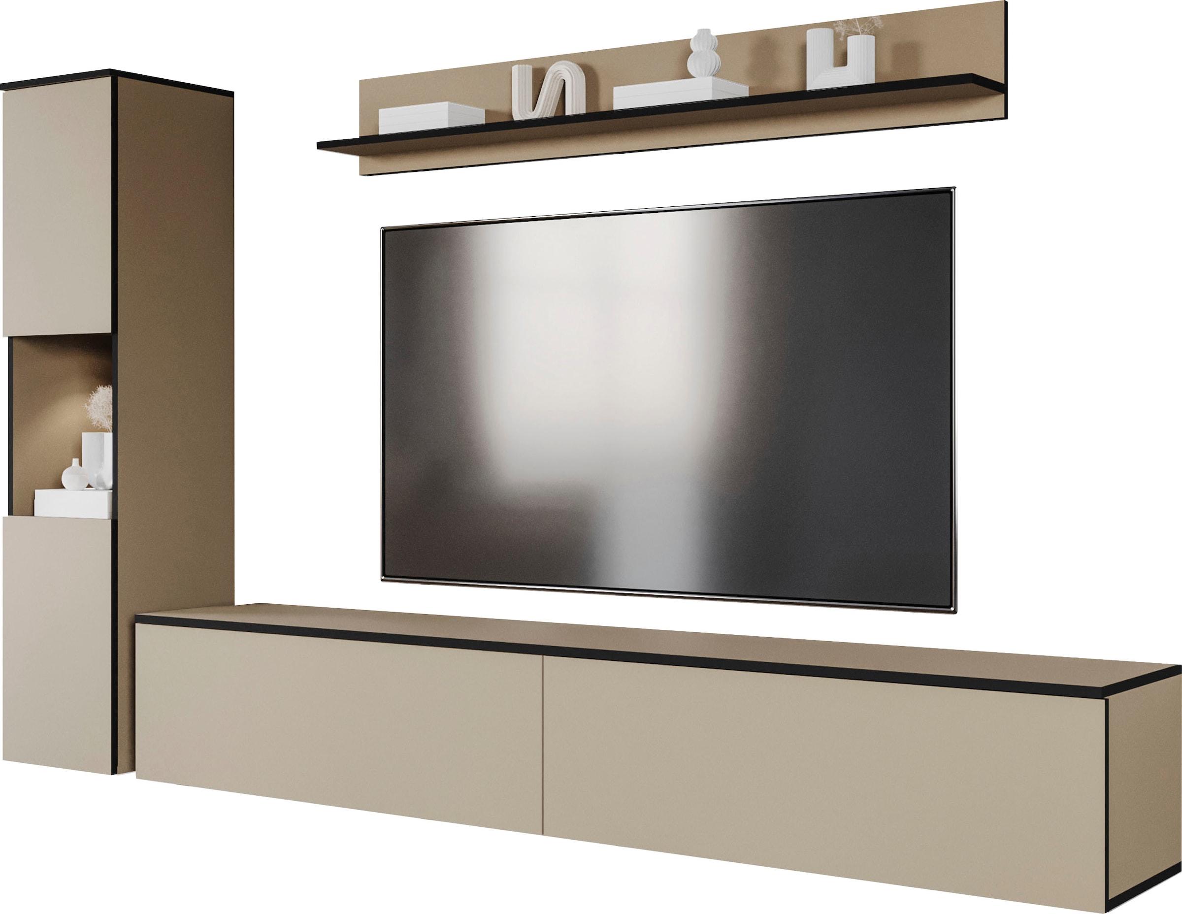 INOSIGN Wohnwand »PARIS, Vitrine Türanschlag links/rechts wechselbar«, (Komplett-Set, 3 St.), grifflose Design, stehend und hängend montierbar