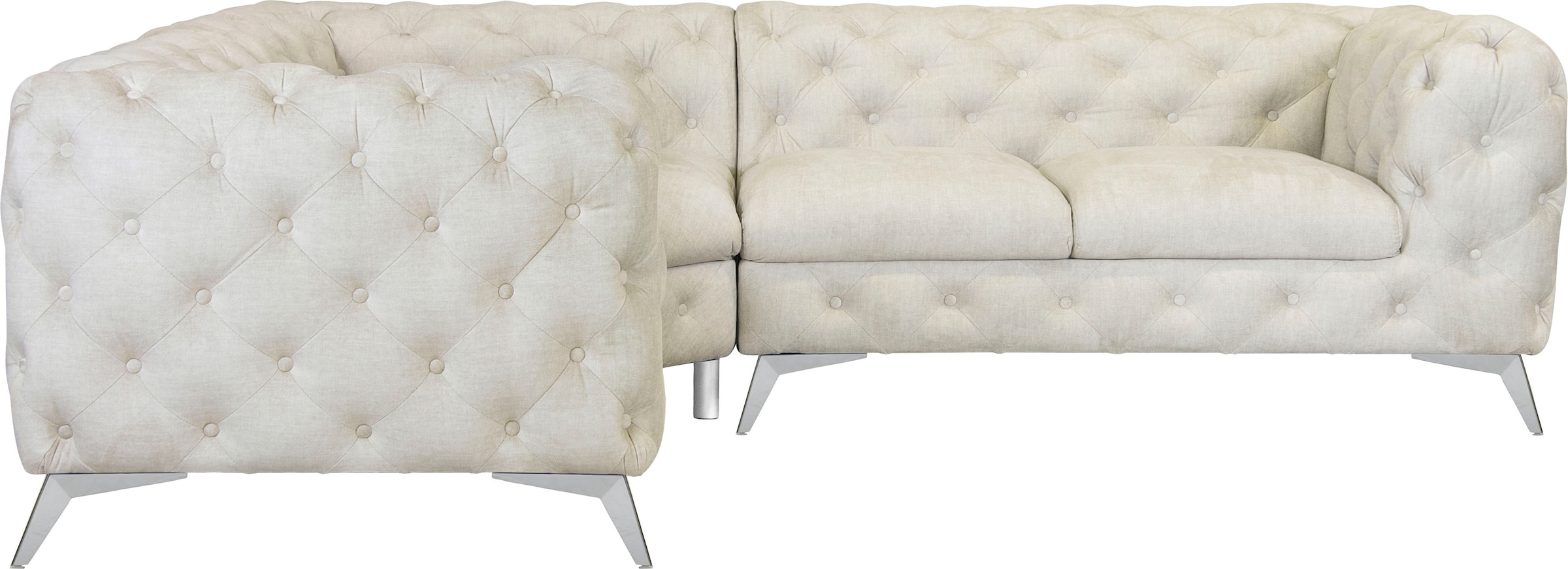 Leonique Chesterfield-Sofa »Ecksofa GLYNIS L-Form mit Wellenunterfederung, Maße B/T/H 264/264/75cm«, aufwändige Knopfheftung, moderne Chesterfield Optik, Fußfarbe wählbar