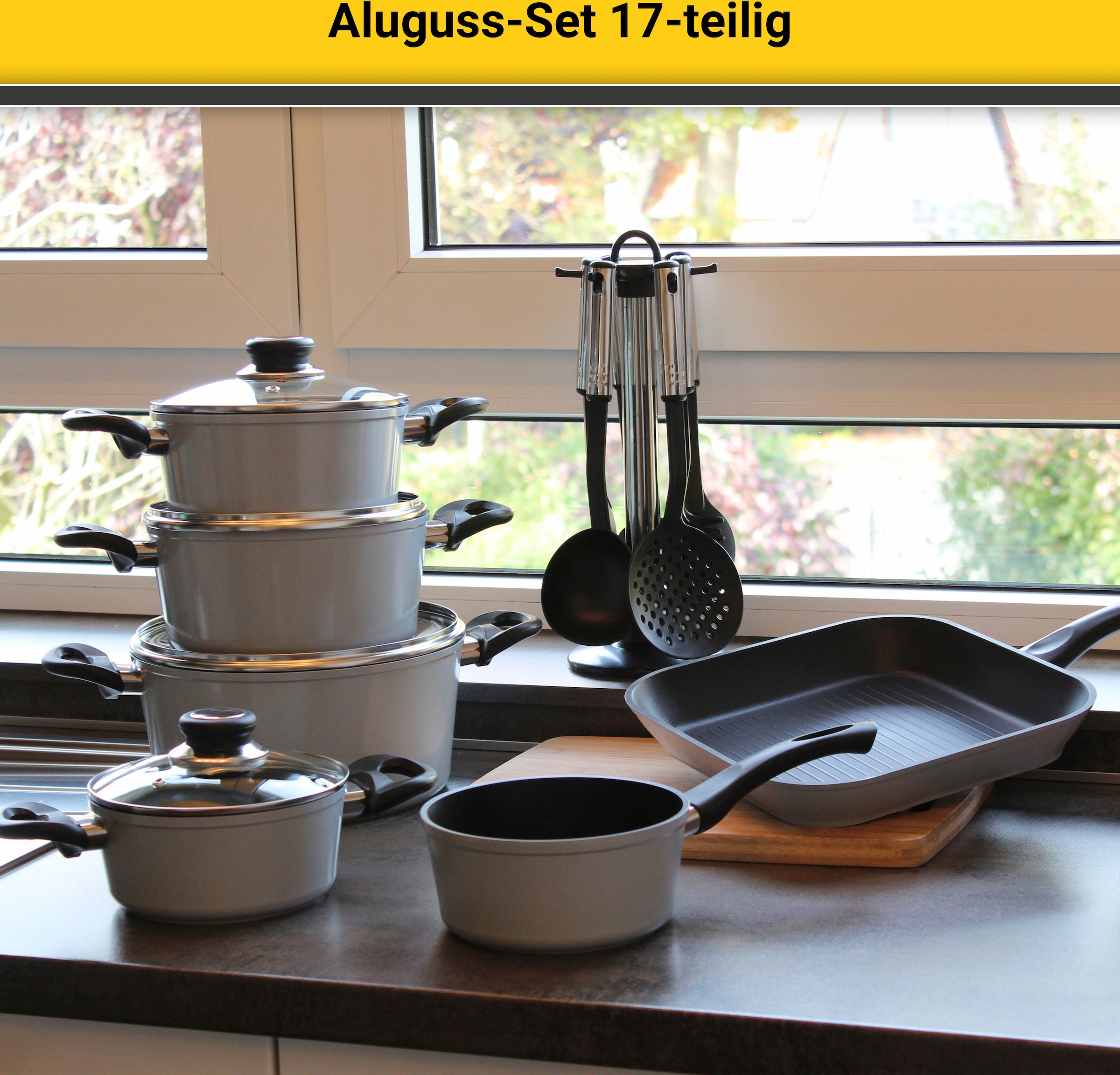 Krüger Topf-Set »Aluguss Topf- und Pfannenset inkl. praktischen Küchenhelfern, 17 tlg.«, Aluminiumguss, (Set, 17 tlg., Fleischtopf 16/18/20/24cm, Stieltopf 16cm Steakpfanne 7 T.Küchenhelfer), inkl. 7-tlg. Küchenhelfer-Set