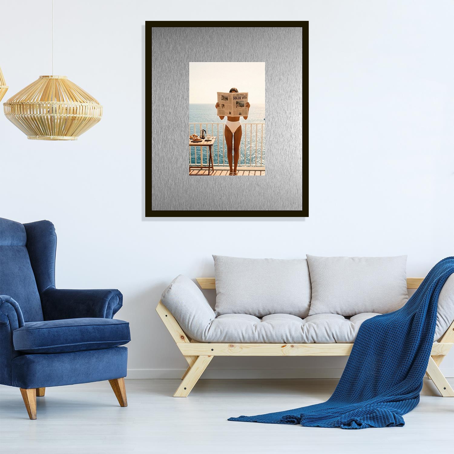 queence Bild »Trend Wandbild, Wandkunst, Kunstdruck "Sommer in den 60igern"« Fashion | Frau | Meer 1 Stk. tlg. inkl. Passepartout aus hochwertigem Aluminium und schwarzem Rahmen