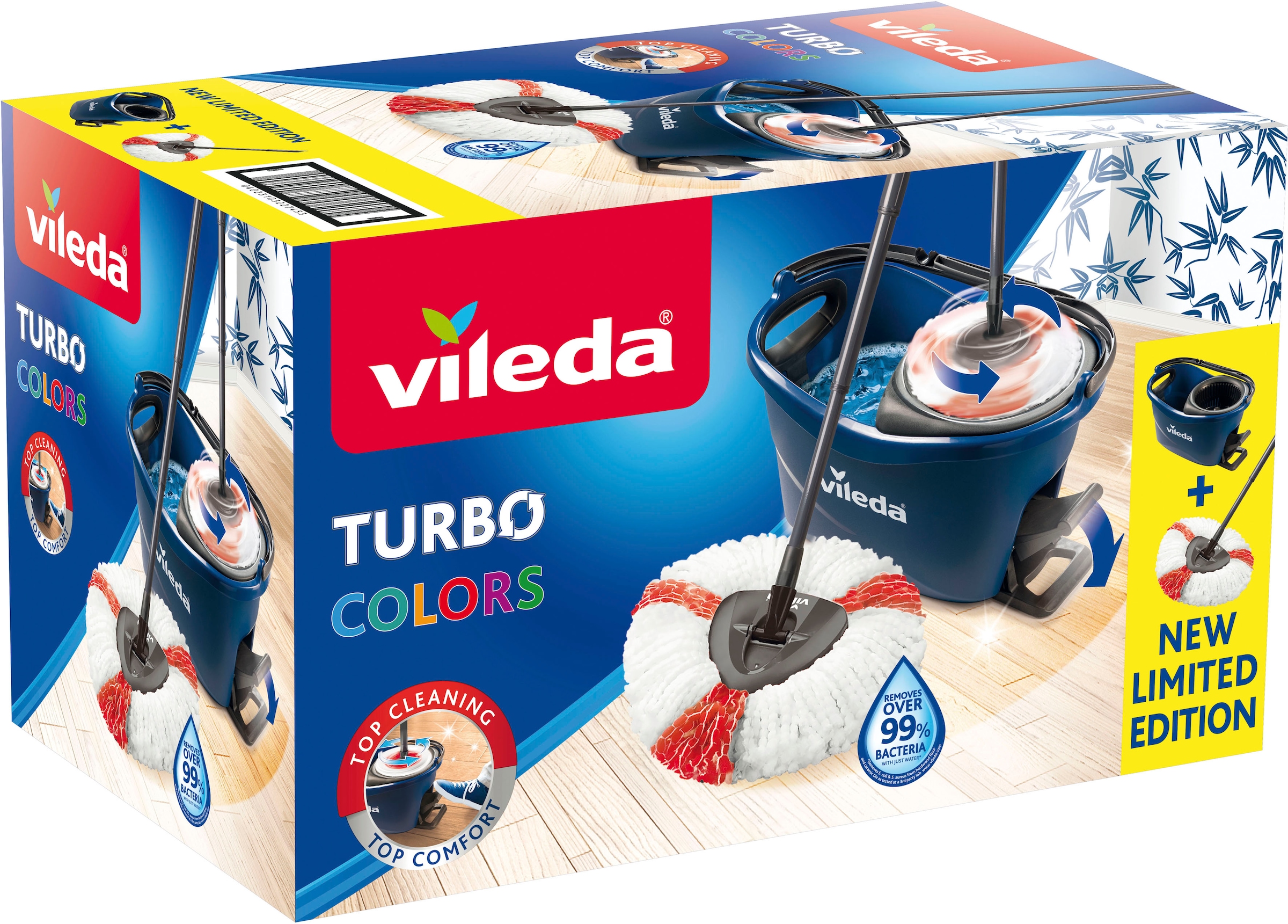 Vileda Bodenwischer-Set »Turbo Colors Blau«, (3 St., Komplettset aus Bodenwischer, Eimer und Wischmop), mit 3-teiligem Teleskopstiel, bis zu 130cm ausziehbar