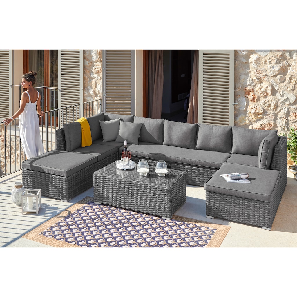 KONIFERA Gartenlounge-Set »New York«, (21 tlg., 1x 3er AZ-Sofa, 1x Ecke, 1x Sessel, 1x Ottomane mit Staufach, 1x Tisch)