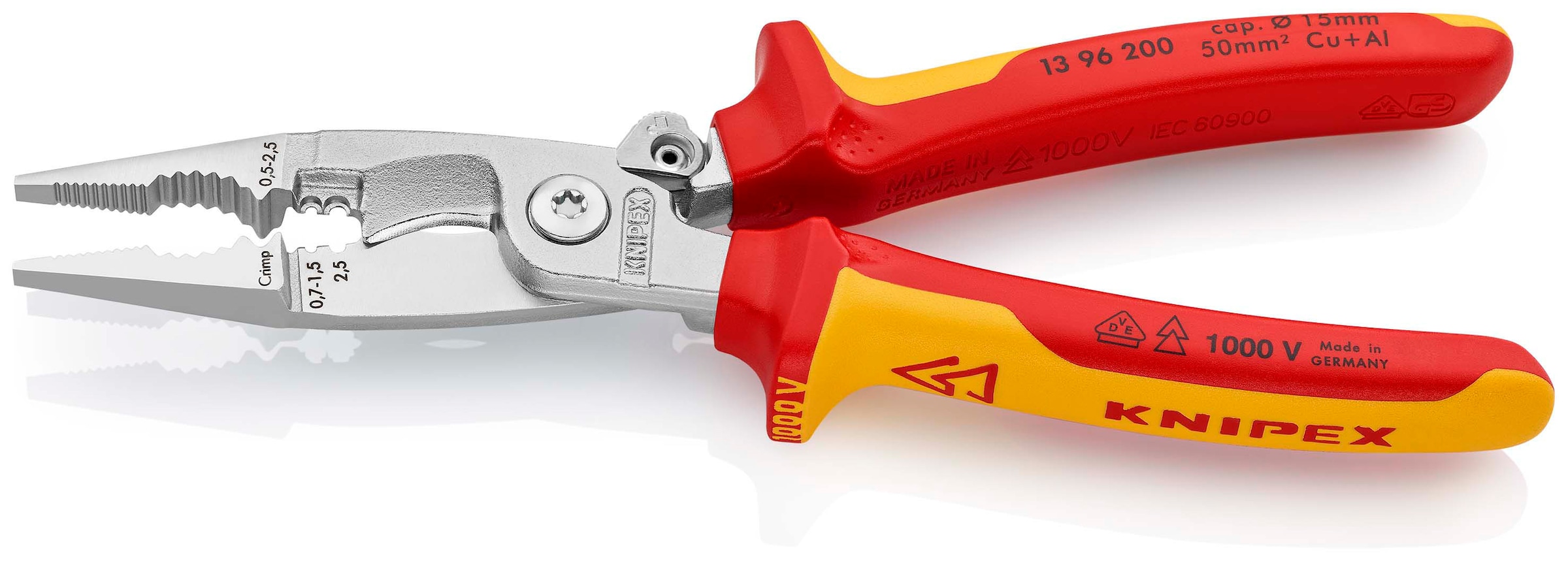 Knipex Elektro-Installationszange »13 96 200«, (1 tlg.), verchromt, isoliert mit Mehrkomponenten-Hüllen, VDE-geprüft 200 mm