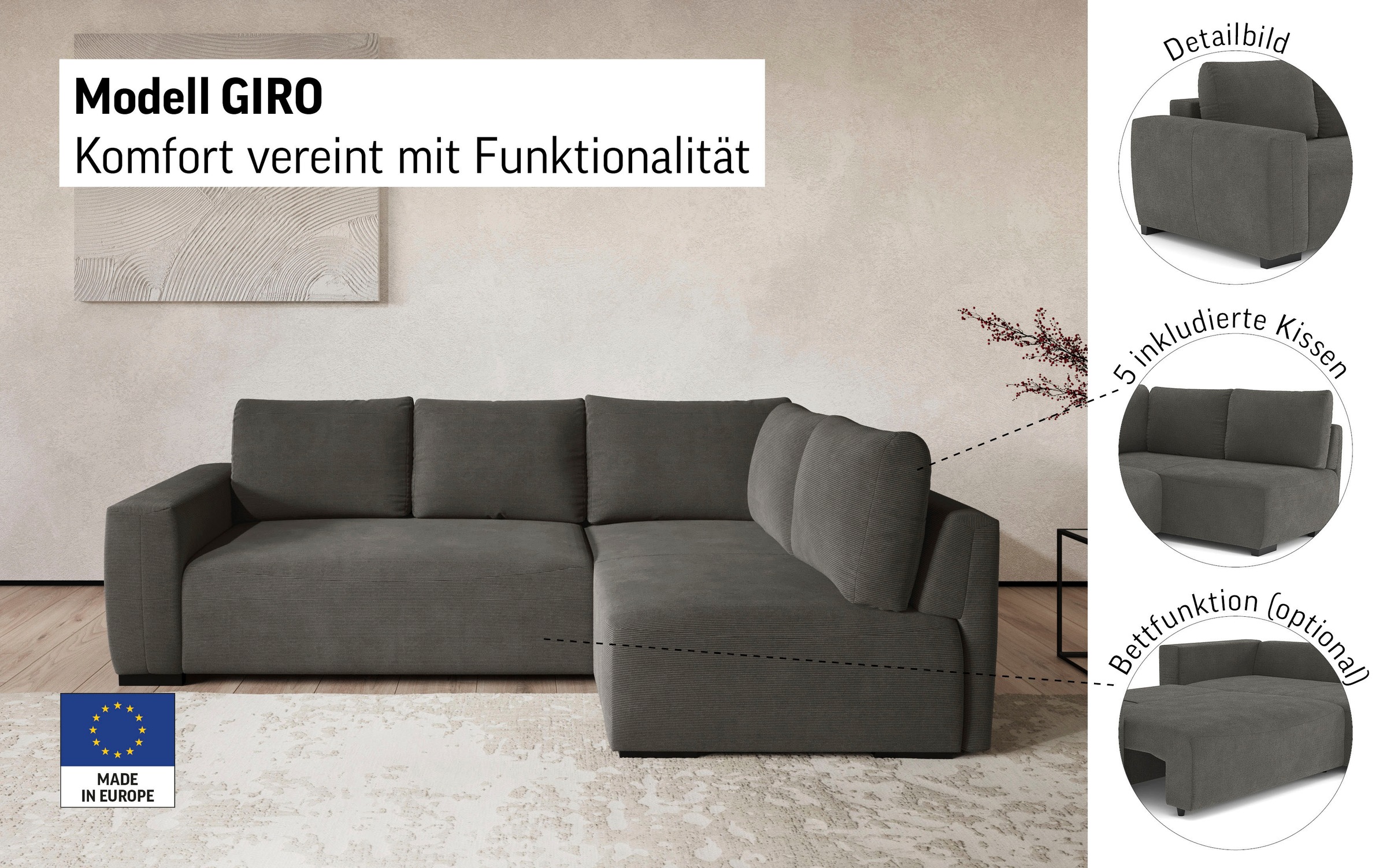 COTTA Ecksofa »Giro L-Form, Ottomane, Breite 252 cm« wahlweise mit Bettkasten und Trendbezug CORD!