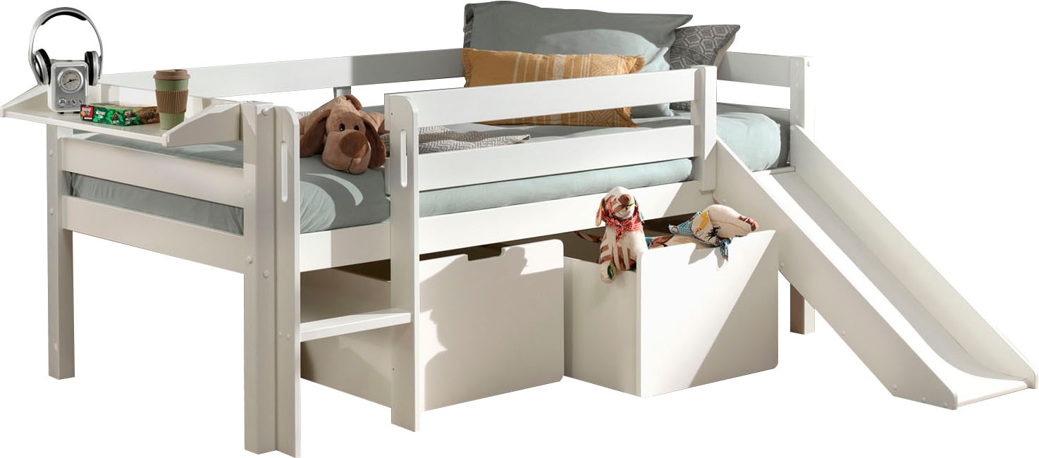 lit mi-hauteur blanc + toboggan, 2 tiroirs de rangement et tablette penderie