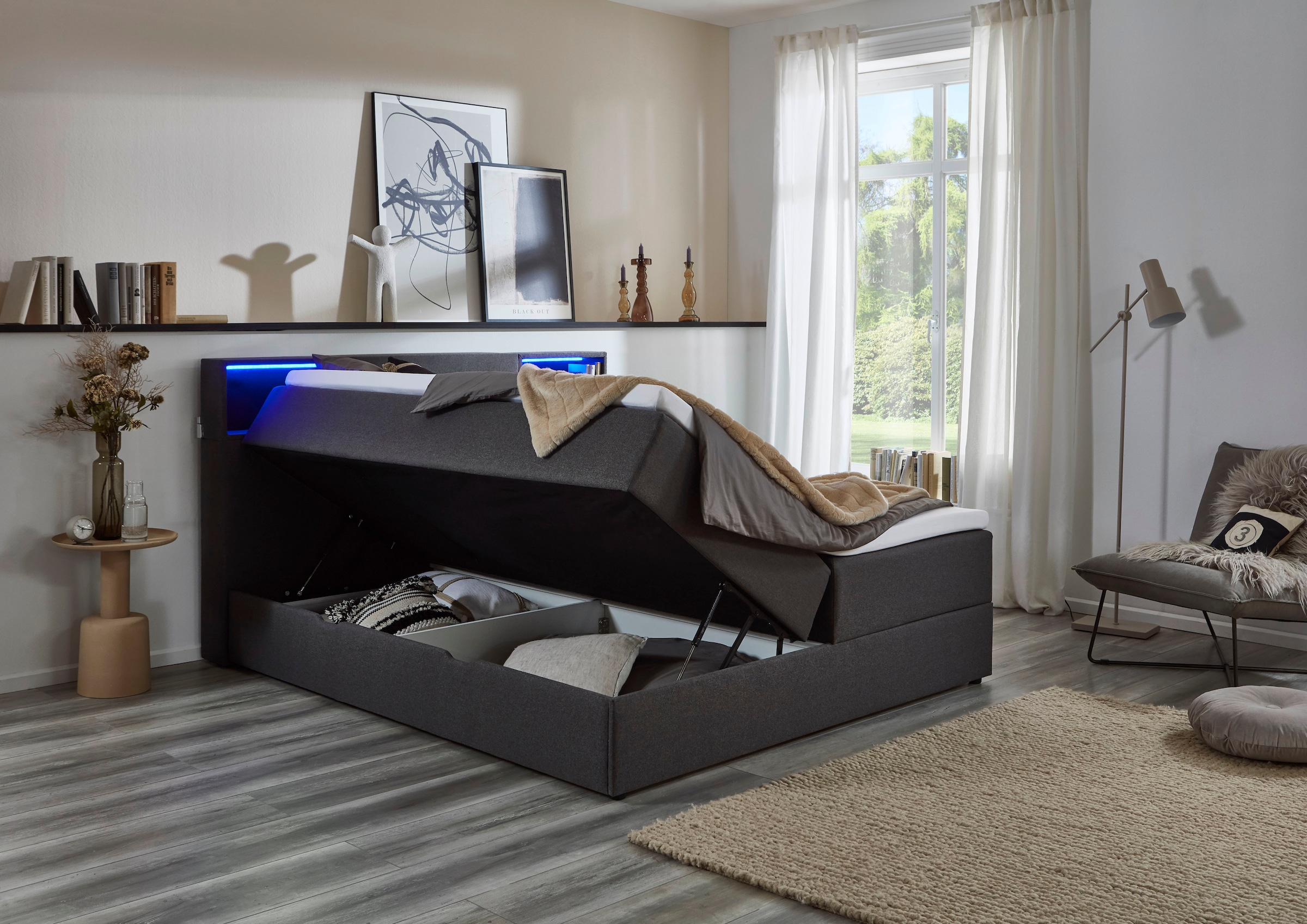 meise.möbel Boxspringbett »Caja mit Bettkasten und Topper«, mit LED ausgestattetes Ablagefach im Kopfteil