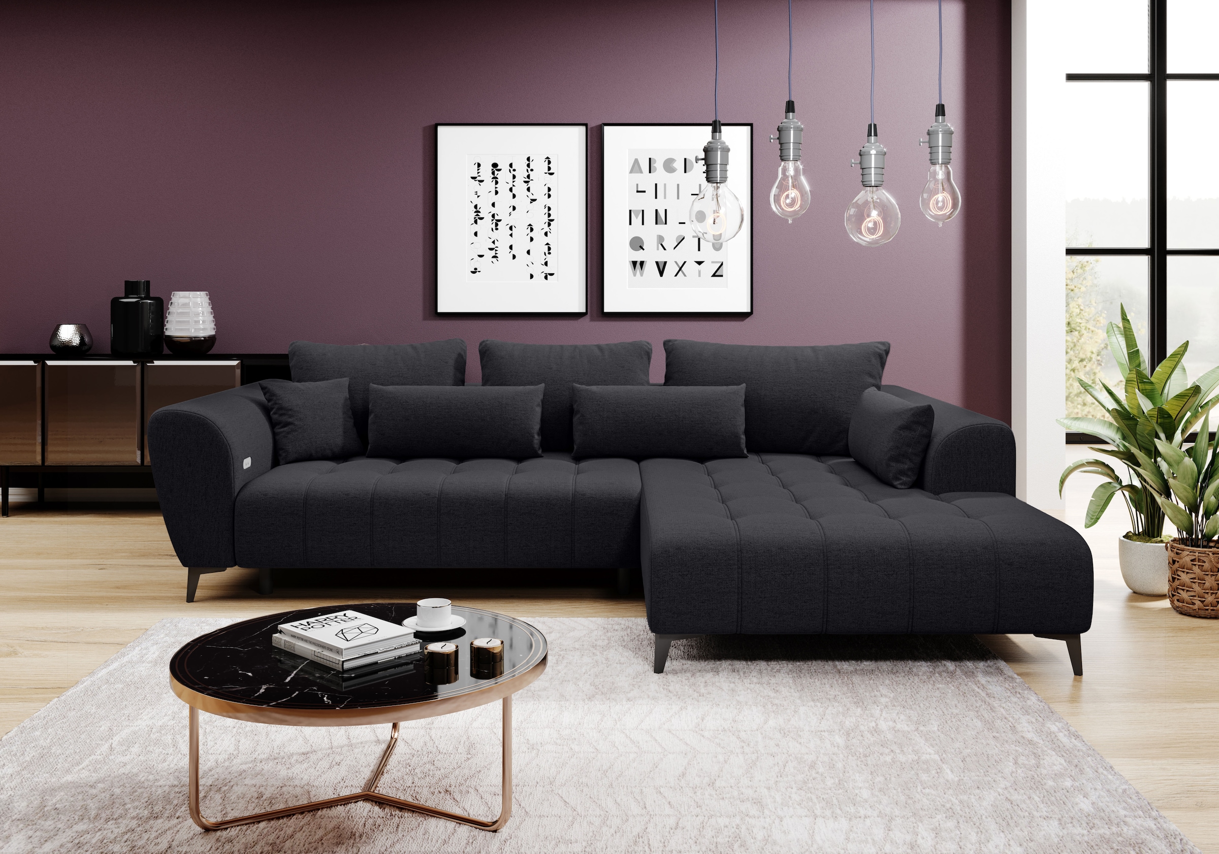 WERK2 Ecksofa »Garay, XXL-Liegefläche: elektrisch ausziehbar auf ca. 228×126 cm« Luxus in Übergröße: XXL-Liegefläche, Komfort-Ottomane & stilvolle Füße