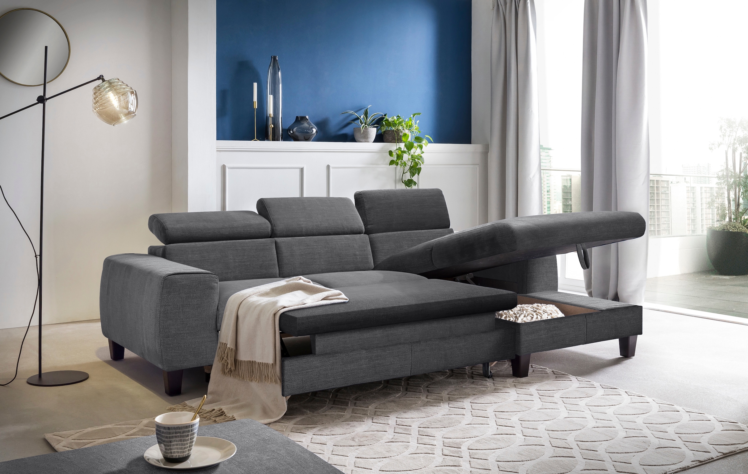 COTTA Ecksofa »Morven L-Form mit Kopfteilverstellung«, wahlweise mit Bettfunktion, Bettkasten & Wireless-Charger