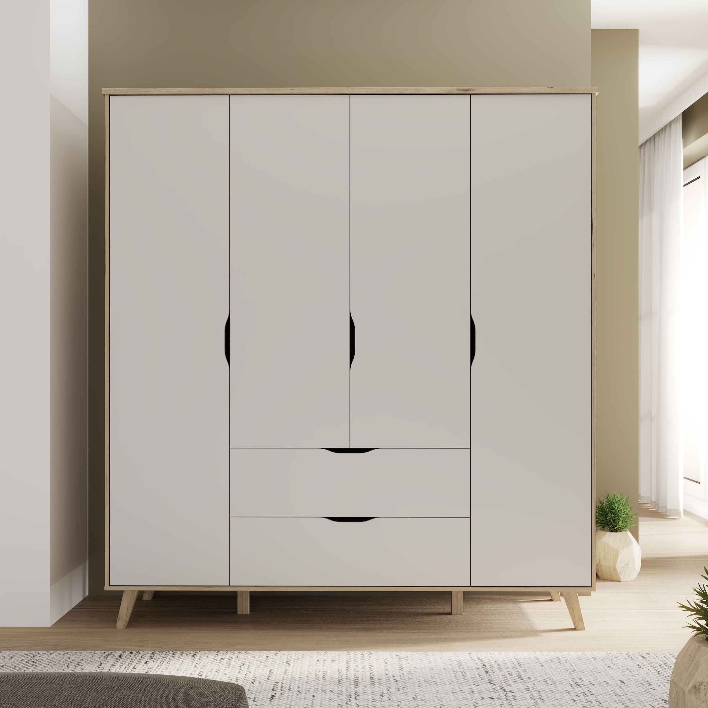 FORTE Kleiderschrank »Vankka, Drehtürenschrank, Viel Stauraum, skandinavischer Stil« Made in Europe, mit Einlegeböden+Kleiderstangen+Schubladen,grifflos