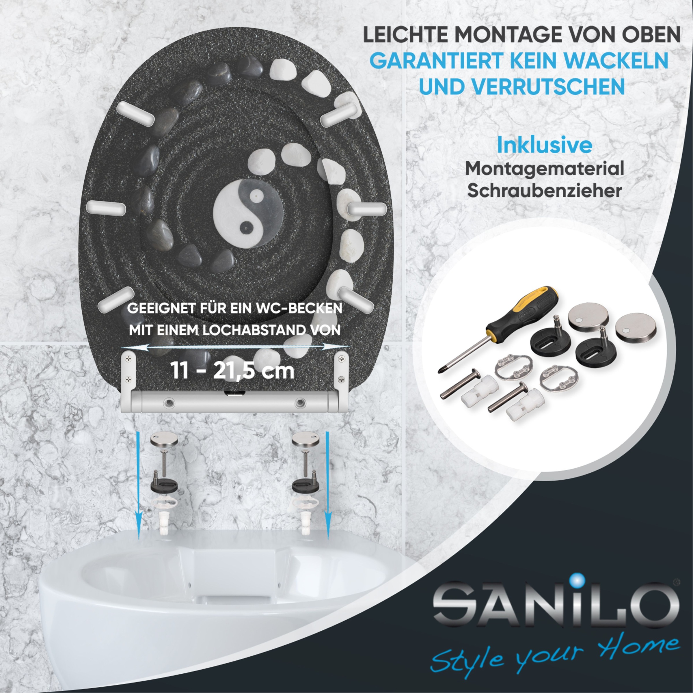 Sanilo WC-Sitz »Yin Yang mit Absenkautomatik & Quick Release« Premium Toilettendeckel, abnehmbar, leichte Montage von oben
