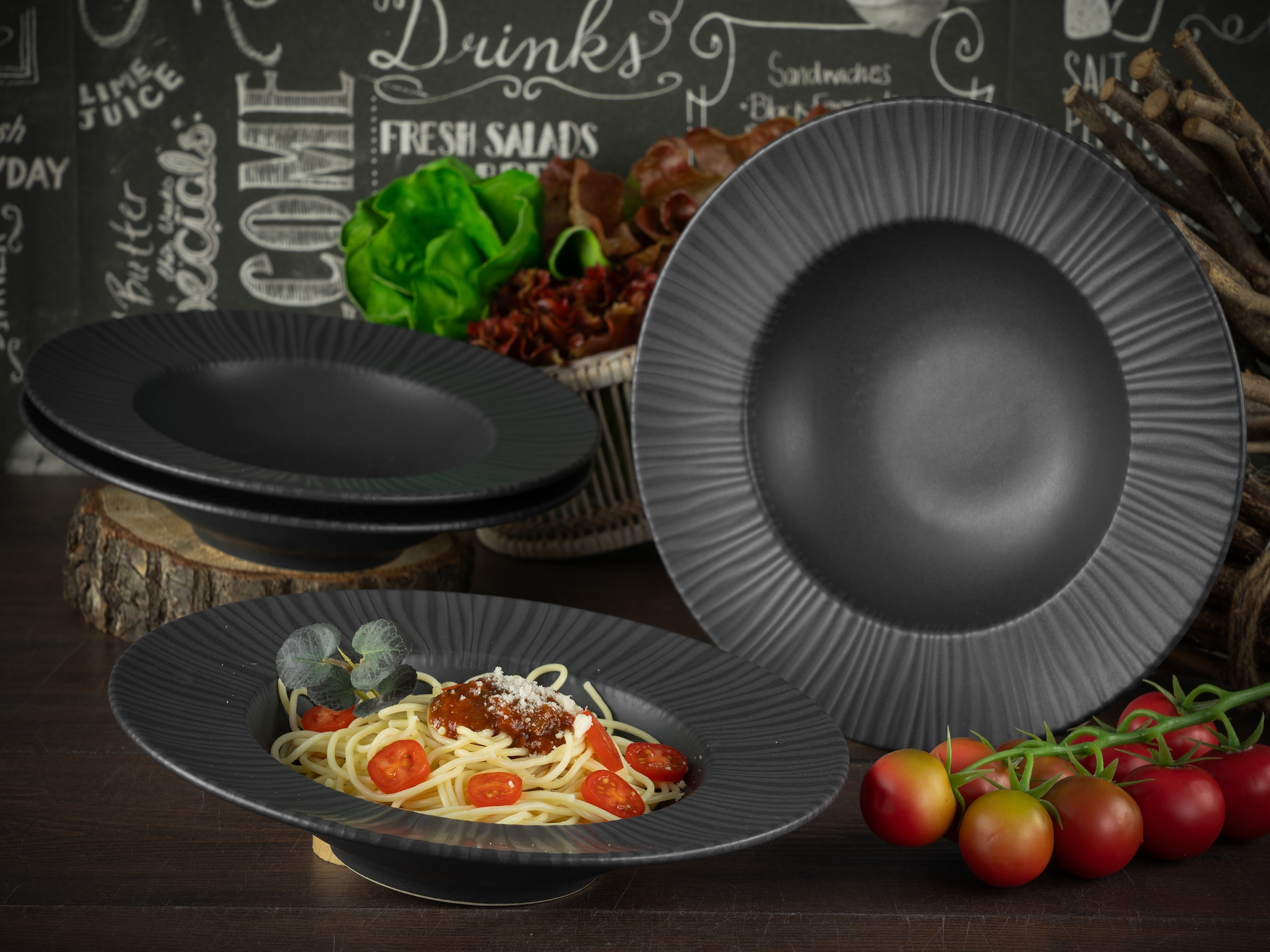 CreaTable Pastateller »Vesuvio Black, Pasta Gourmetteller Set 4-tlg« Seidenmatte Spezialglasur, Ausdruckstarkes Relief