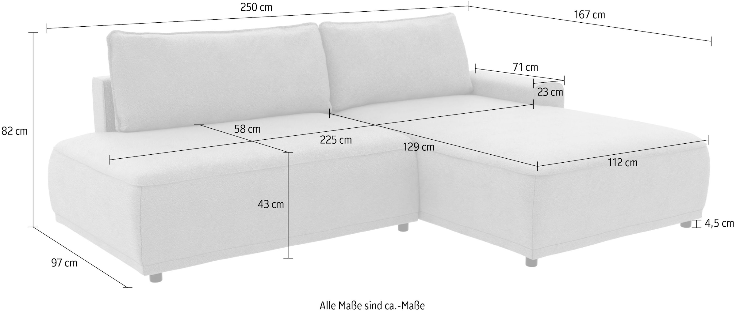 TRENDMANUFAKTUR Ecksofa »Fordon II, Schlafsofa mit Bettkasten, Couch in L-Form, Breite 250 cm«, in Struktur fein LEO, haustierfreundlich, anthrazit, Armlehne rechts
