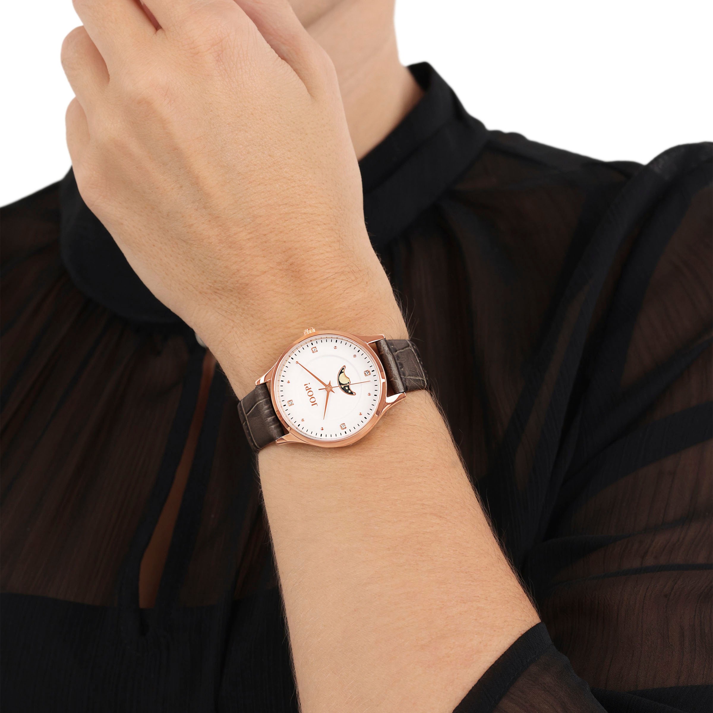 JOOP! Quarzuhr, Armbanduhr, Damenuhr, Lederarmband, analog,Zirkonia (synth.),Mondphase