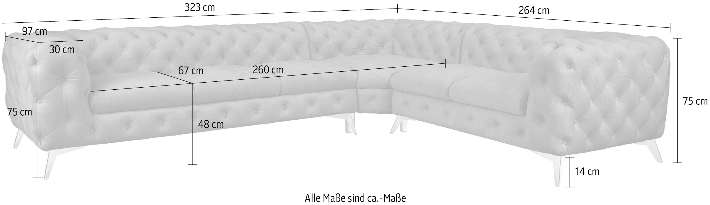 Leonique Chesterfield-Sofa »Ecksofa GLYNIS L-Form mit Wellenunterfederung, Maße B/T/H 323/264/75cm«, aufwändige Knopfheftung, moderne Chesterfield Optik, Fußfarbe wählbar