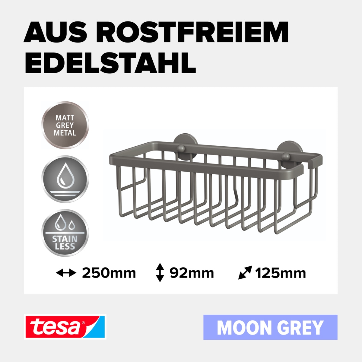 tesa Duschregal »MOON Duschkorb ohne Bohren - 9,2 x 25 x 12,5 cm« Packung,  selbstklebende Duschablage - matt grau
