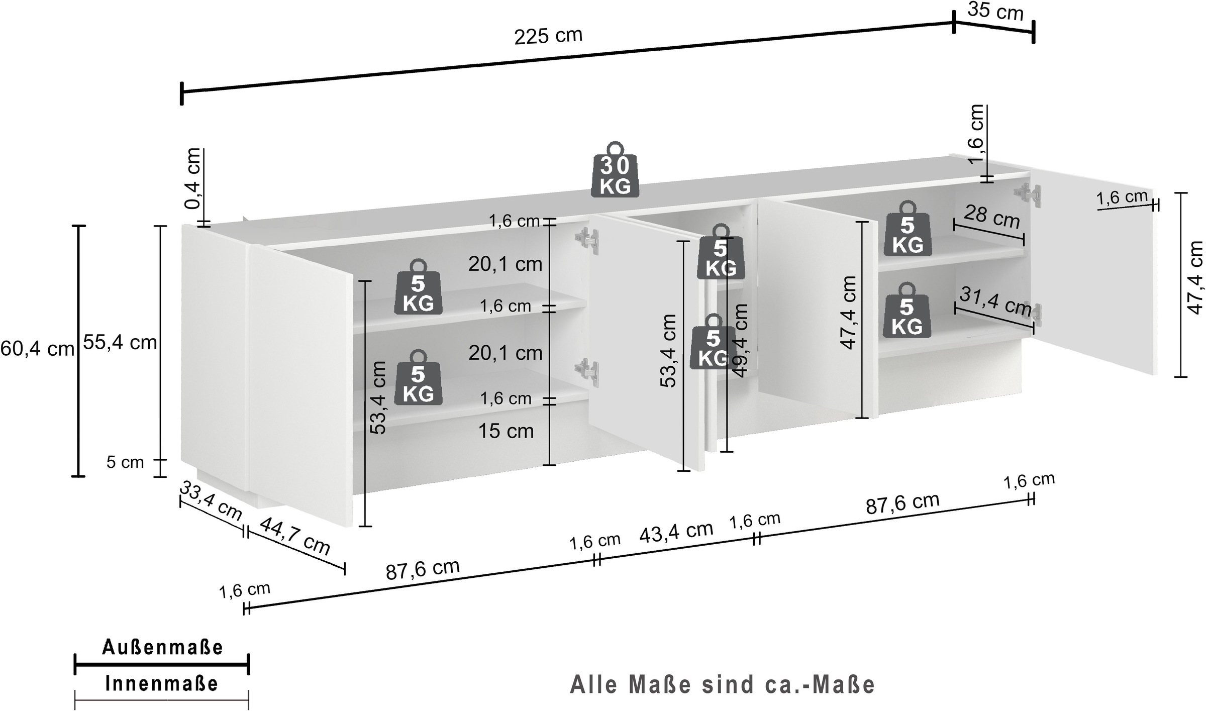 INOSIGN Lowboard »VELA, Höhe 60 cm, Breite 225 cm,Design mit schrägen Türen« 1 Stk. tlg. Made in Italy, Maße-B/T/H: 225x35x60, Lowboard, TV-Board, TV-Kommode