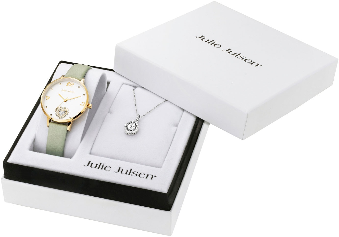 Julie Julsen Quarzuhr »Julie Julsen Heart Drop Gold Set, JJW2105YGL-SET«, (Set, 2 tlg., mit dazu passender Kette), ideal auch als Geschenk, Herz, Glitzer