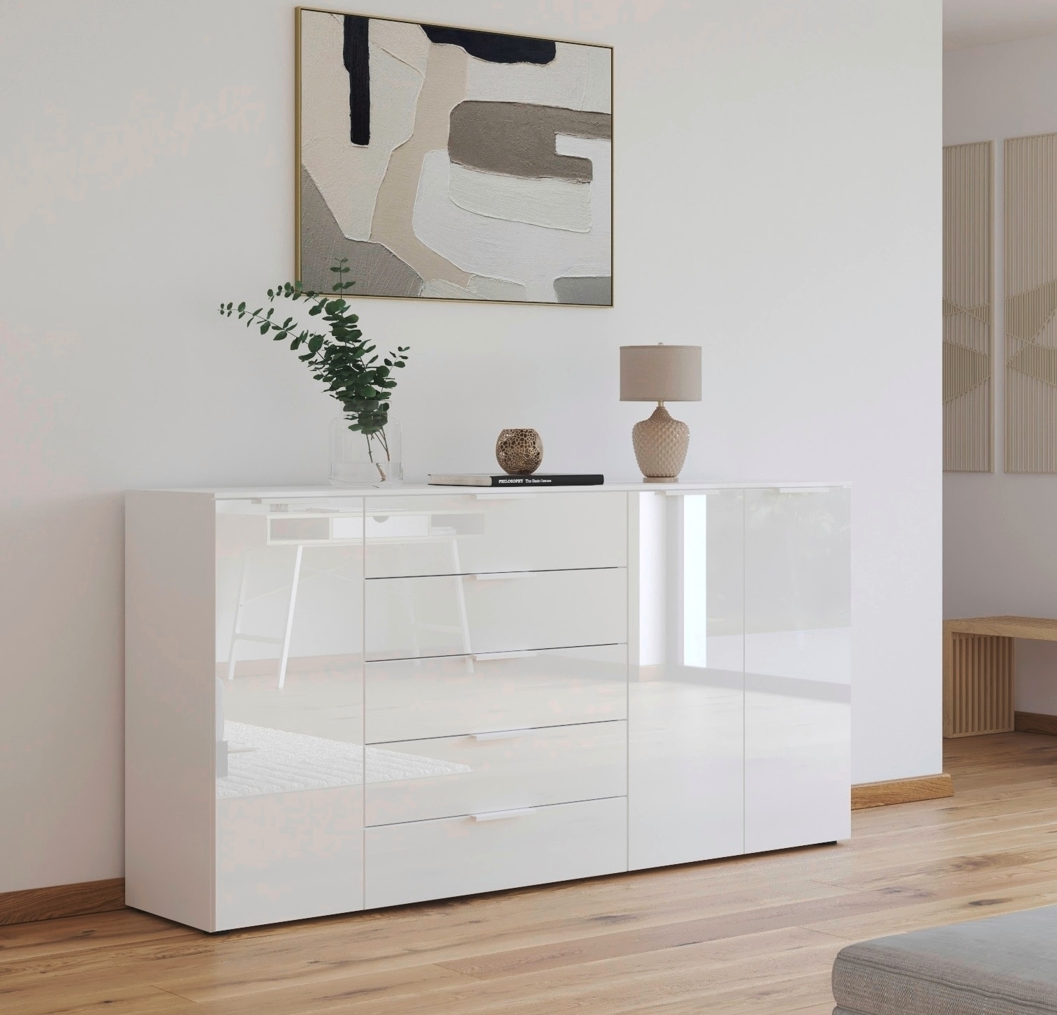 rauch Kombikommode »Kommode Türkommode Sideboard Kombikommode FLIPP mit Glasfront«, (Breite 200 cm mit 4 Einlegeböden), 3-türig mit 5 Schubladen und Soft-Close-Funktion sowie Glasfront