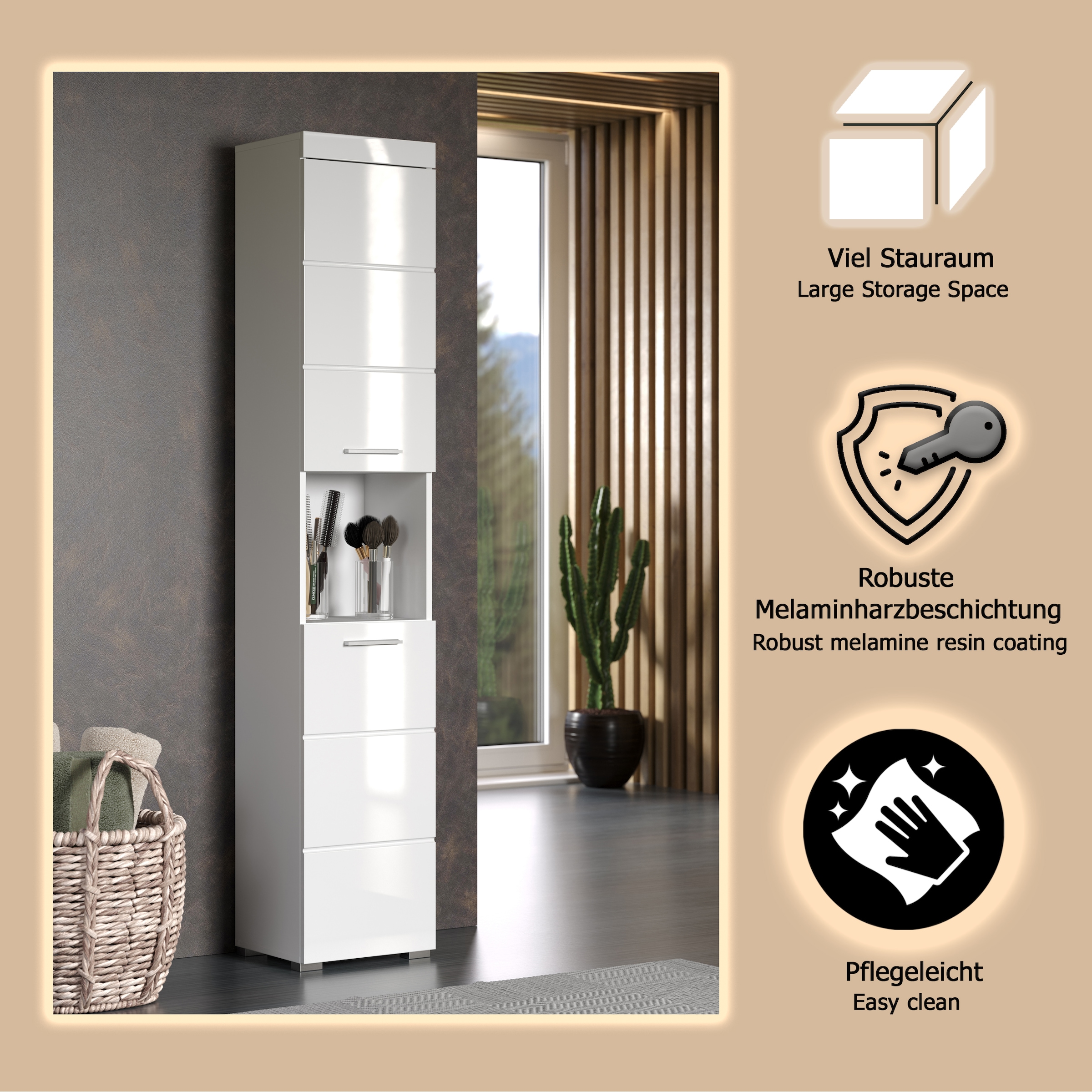 welltime Hochschrank »Avena«, Badschrank mit 2 Türen & 1 Fach - (B/T/H) 37/31/190 cm
