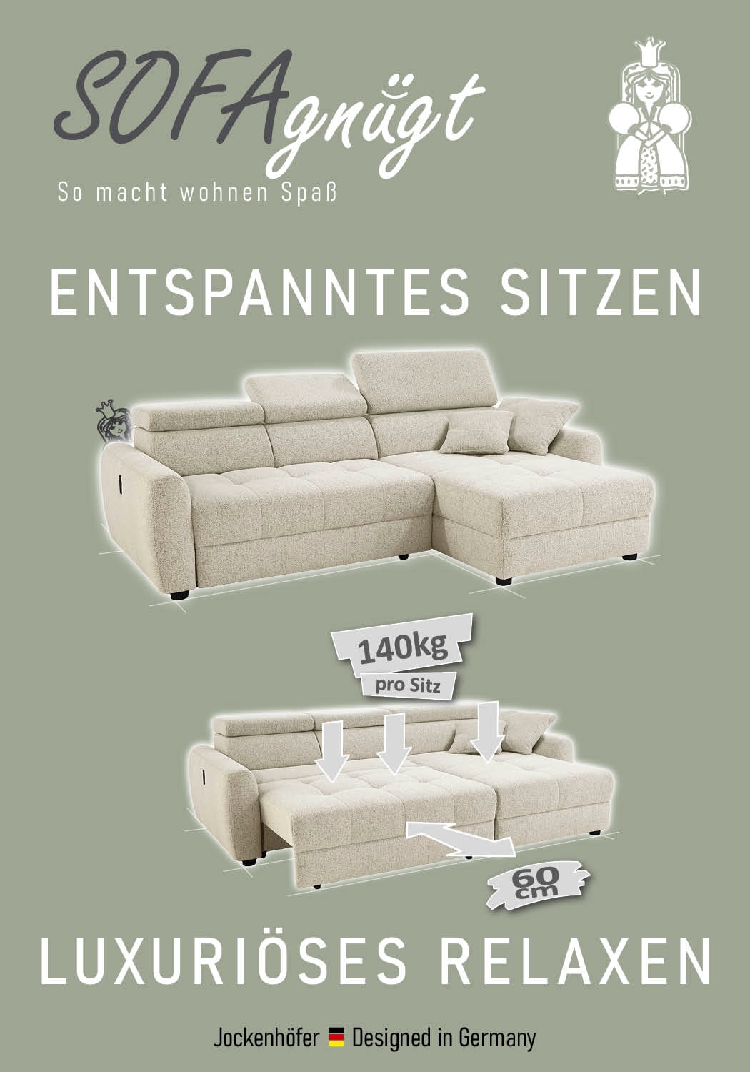 Jockenhöfer Gruppe Ecksofa »Move, L-Form, B: 270cm, mit 60 cm elektrischer Sitztiefenverstellung« 140kg Belastbarkeit je Sitz, Kopfteilverstellung & USB-Anschluss