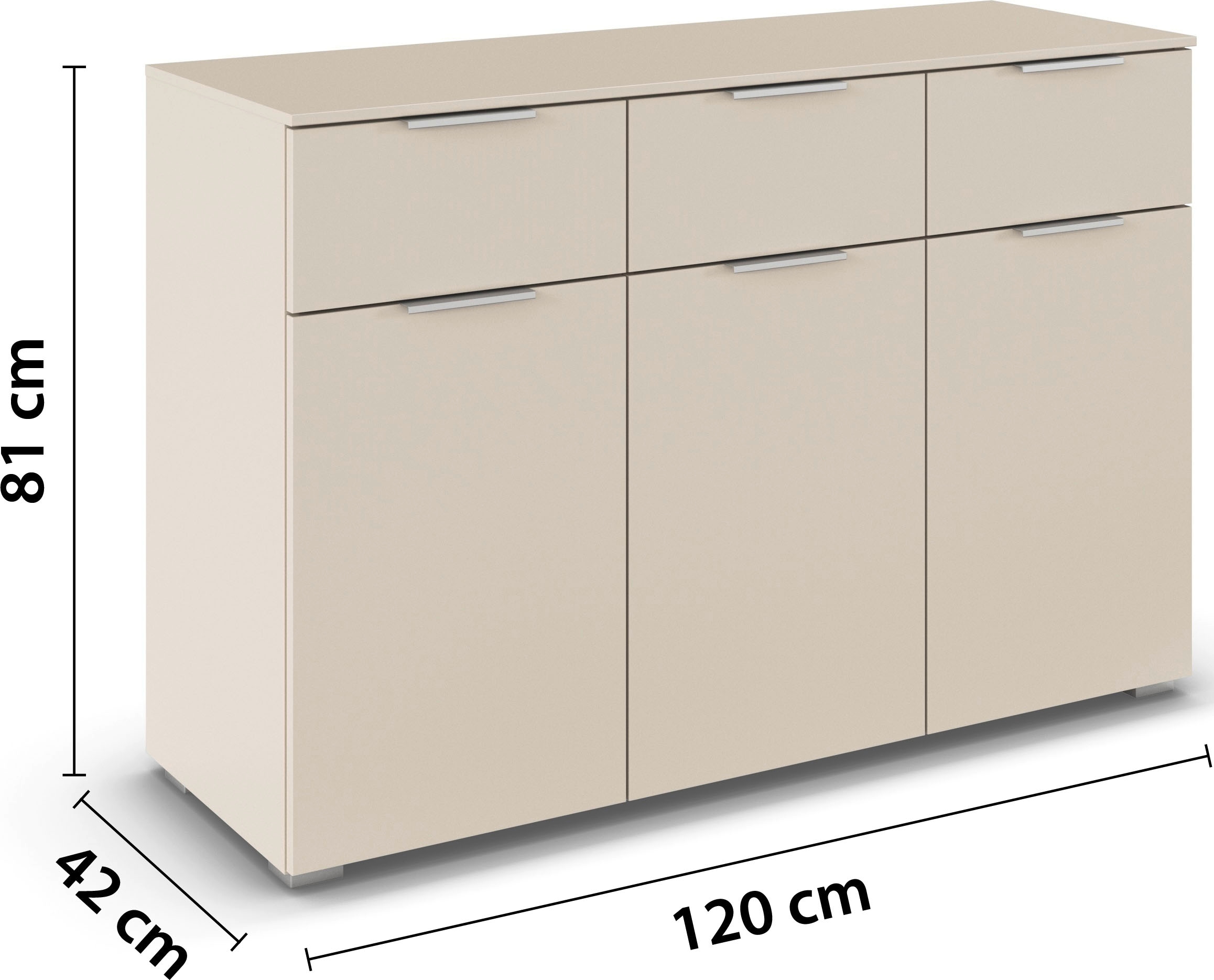 rauch Kombikommode »Sideboard Schubladenkommode CORTONA mit Dekor-Front« Breite 120 cm inkl. Soft-Close-Funktion,  mit 3 Schubladen und 3 verstellbaren Einlegeboden MADE IN GERMANY