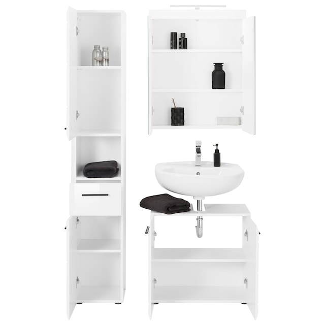 trendteam Badmöbel-Set »Skin«, (Set, 3 St.), Spiegelschrank mit  LED-Beleuchtung, Hochschrank und Waschbeckenunterschrank, mit Fronten in  Hochglanzoptik mit 3 Jahren XXL Garantie