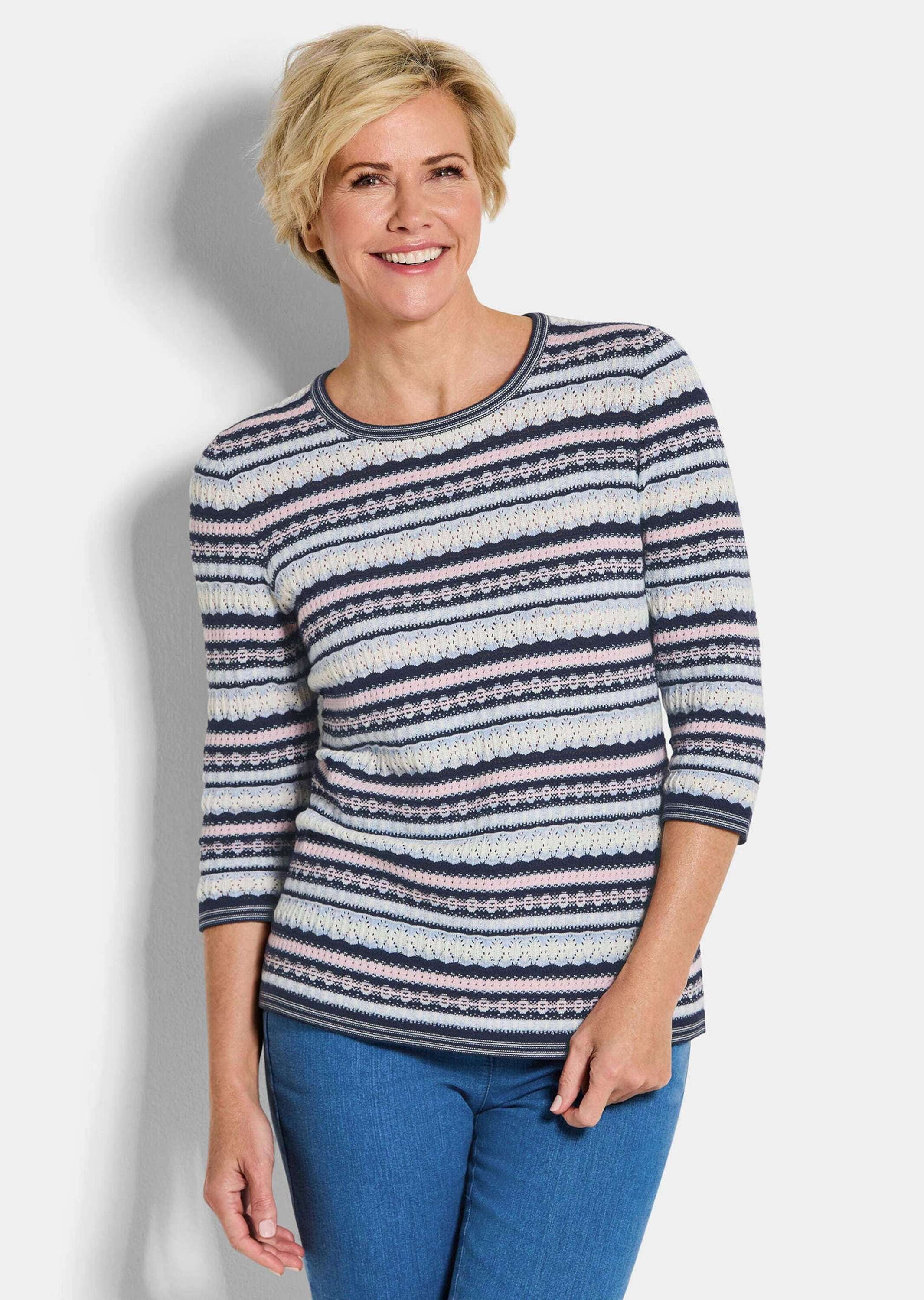GOLDNER Rundhalspullover »Kurzgröße Strickpullover im Ringel-Look« aufwendigig gestrickter vielfarbiger Strick