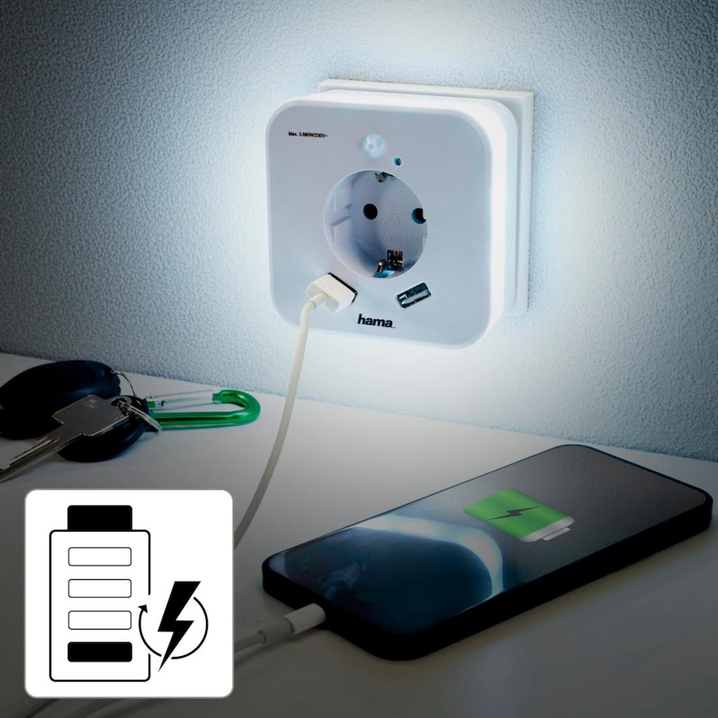 Hama LED Nachtlicht »Nachtlicht mit Steckdose und USB 2.4A, 2 Ausgänge, Helligkeitssensor«