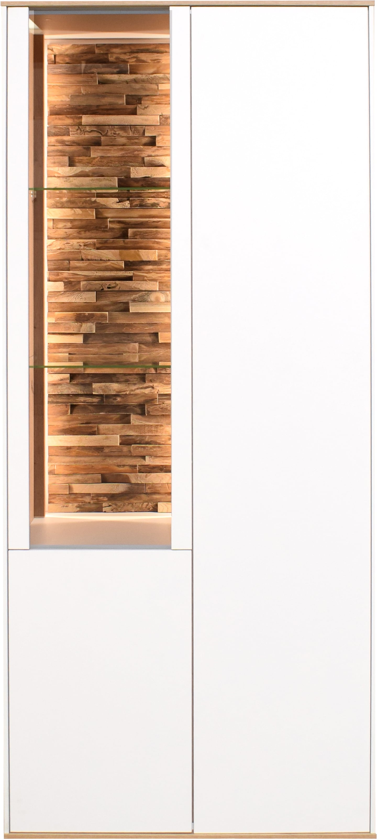 Mäusbacher, Vitrine »Faro« Faro Vitrinenschrank B 81 cm, inkl. Beleuchtung, Push to open Funktion, ice white supermatt / asteiche,