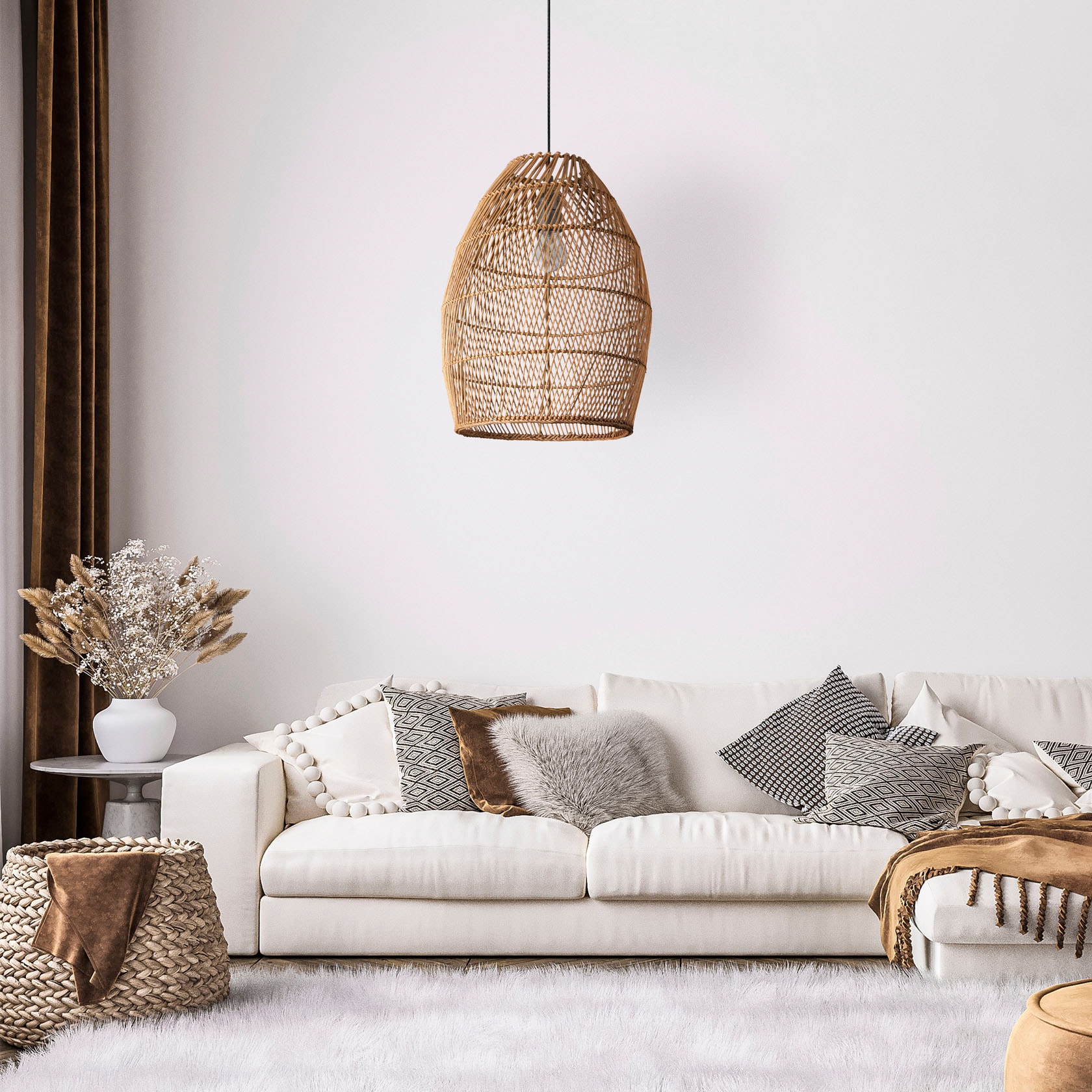 Paco Home Pendelleuchte »VIHMA«, Leuchtmittel E27 | ohne Leuchtmittel, Rattan Pendellampe Korb Esstischlampe Natürlich LED Boho Rustikal E27