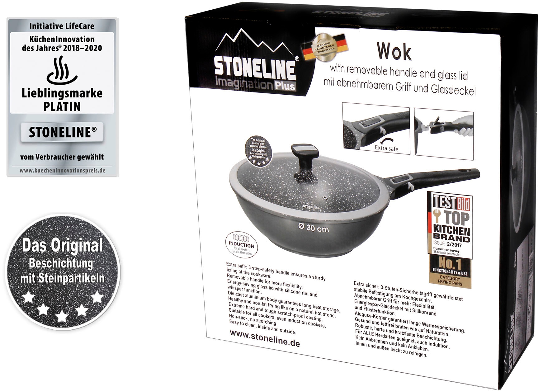 STONELINE Wok »Imagination PLUS«, Aluminiumguss, einzigartige Steinpartikel-Beschichtung, Ø 30 cm, Induktion