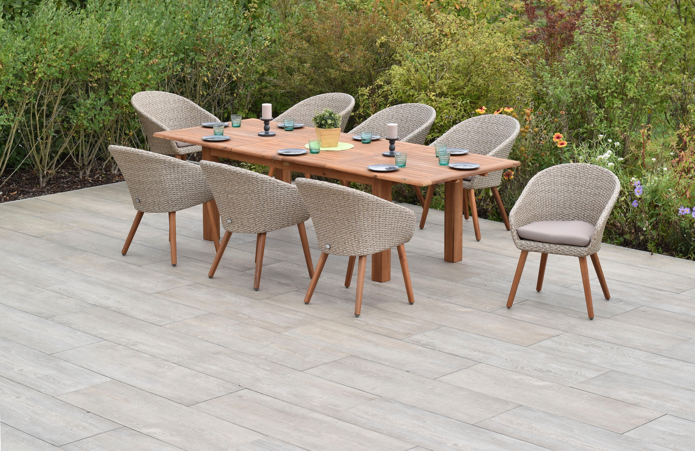 MERXX Garten-Essgruppe »»Arrone«« Set, Tisch doppelt ausziehbar: 100x 180/220/260x 75 cm, 9 Stk. tlg. Sesselbeine aus Akazienholz, Beine 9x9 cm, Tischplatte 3 cm