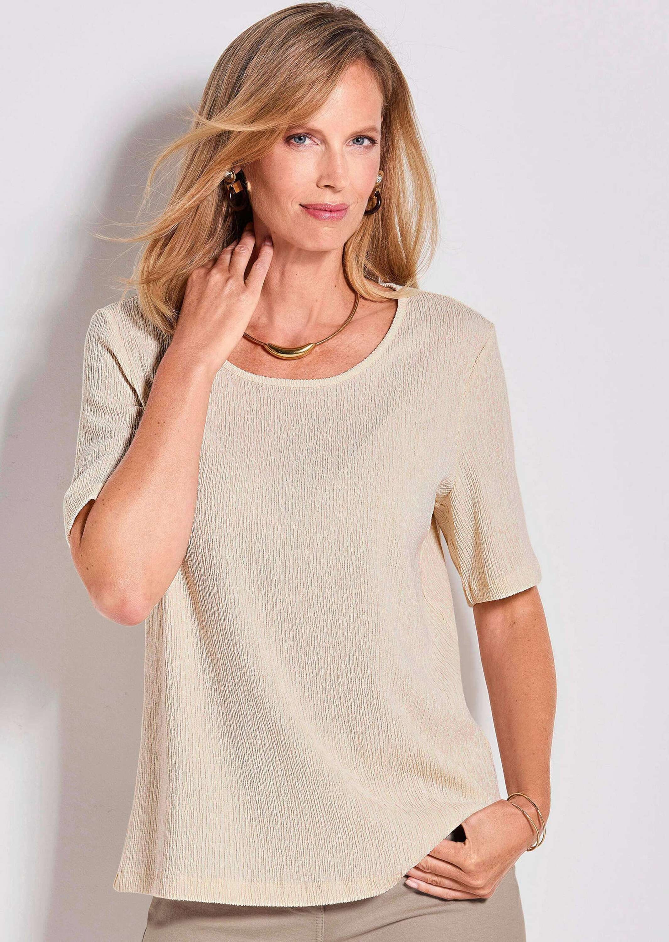 GOLDNER Kurzarmshirt »Kurzgröße Braunes Halbarm-Oberteil« Crash-Optik