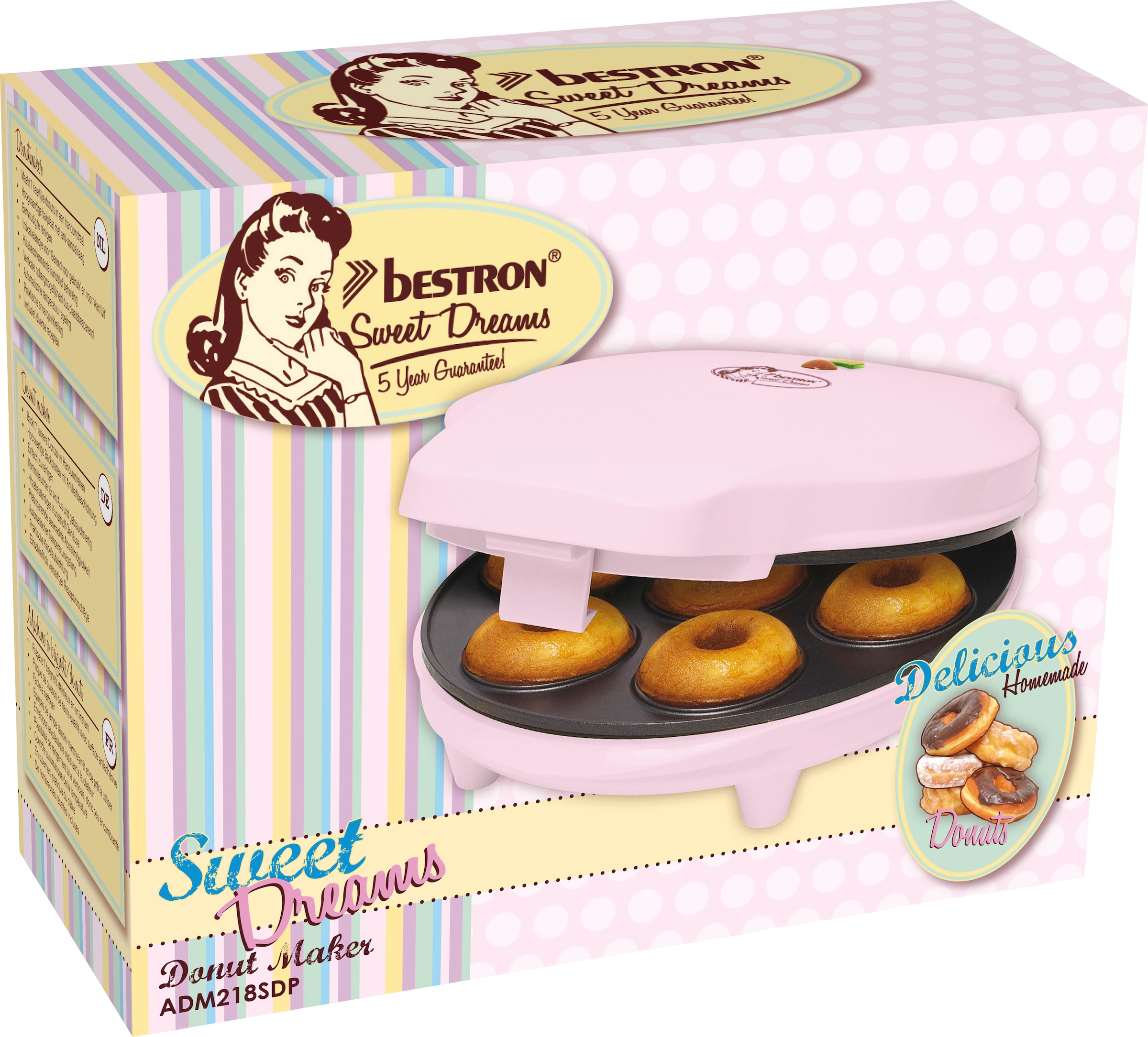 bestron Waffeleisen »Donut-Maker XXL 700 Design, W, im ADM218SDP«, Dreams, Sweet 3 Rosa Jahren Retro Antihaftbeschichtung, Garantie mit