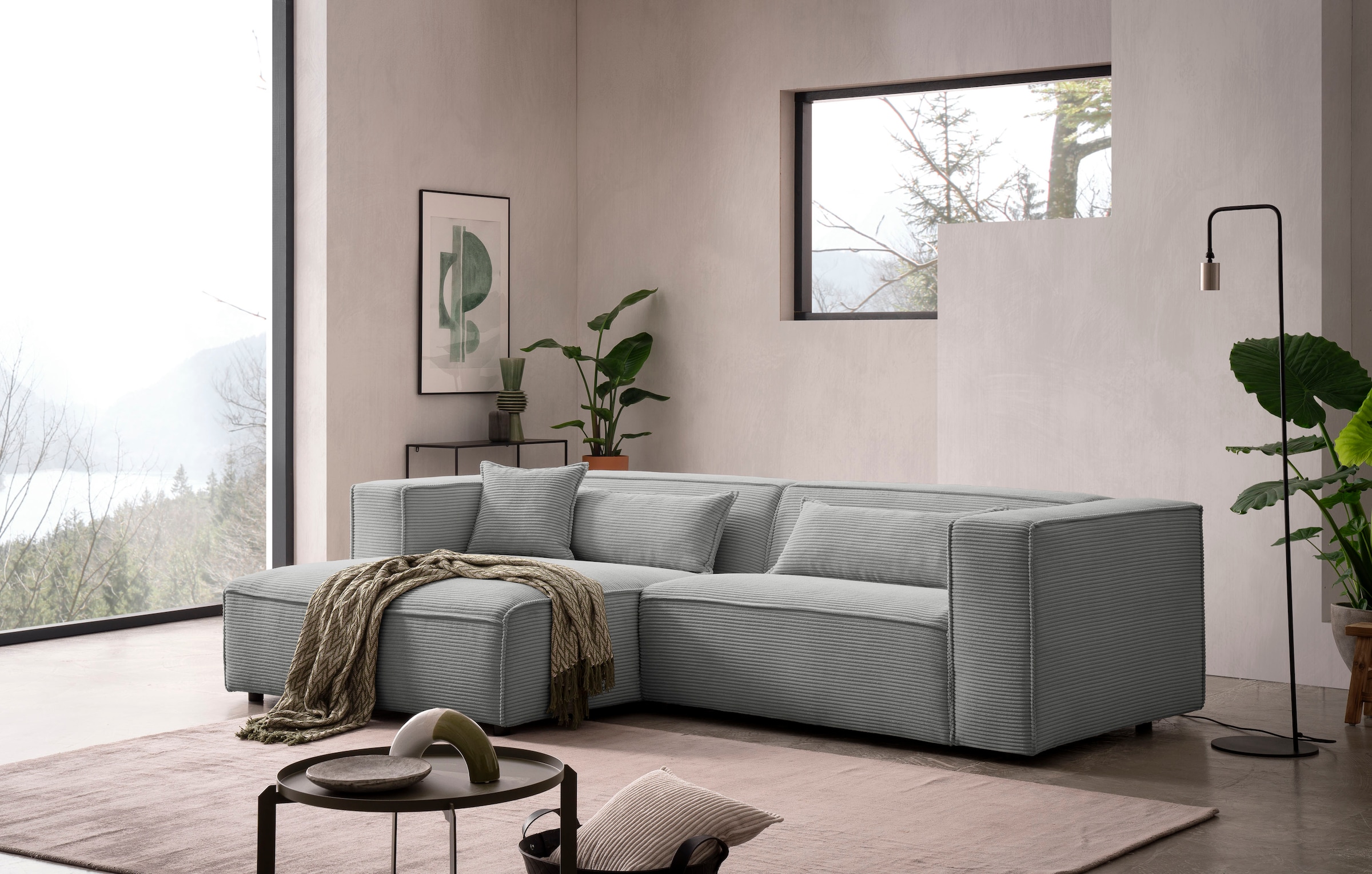 LeGer Home by Lena Gercke Ecksofa »PIARA mit Kedernaht in Cord oder Leinenoptik, moderne Couch in L-Form«, wahlweise Ottomane rechts/links, schwarze Füße, bequemer Sitzkomfort
