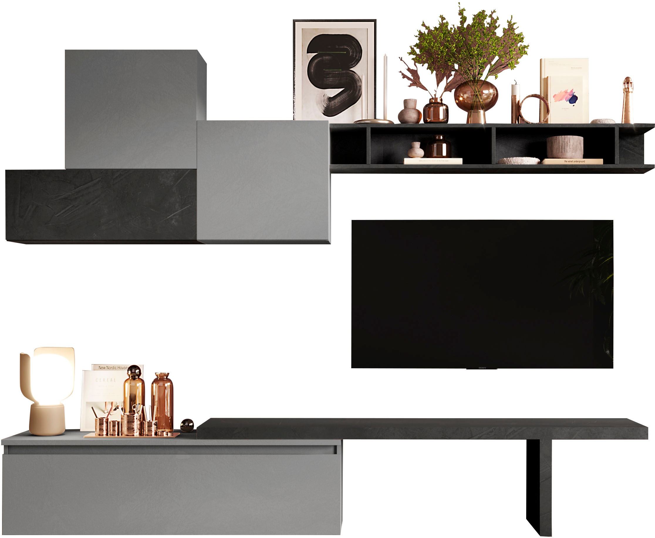 INOSIGN Wohnwand »INFINITY, 6tlg. Breite 262 cm, Höhe variabel, Schrankwand, Anbauwand«, (6 St.), (Lowboard, T-Boden, Hängeschrank, 2x Hängewürfel, Wandregal)