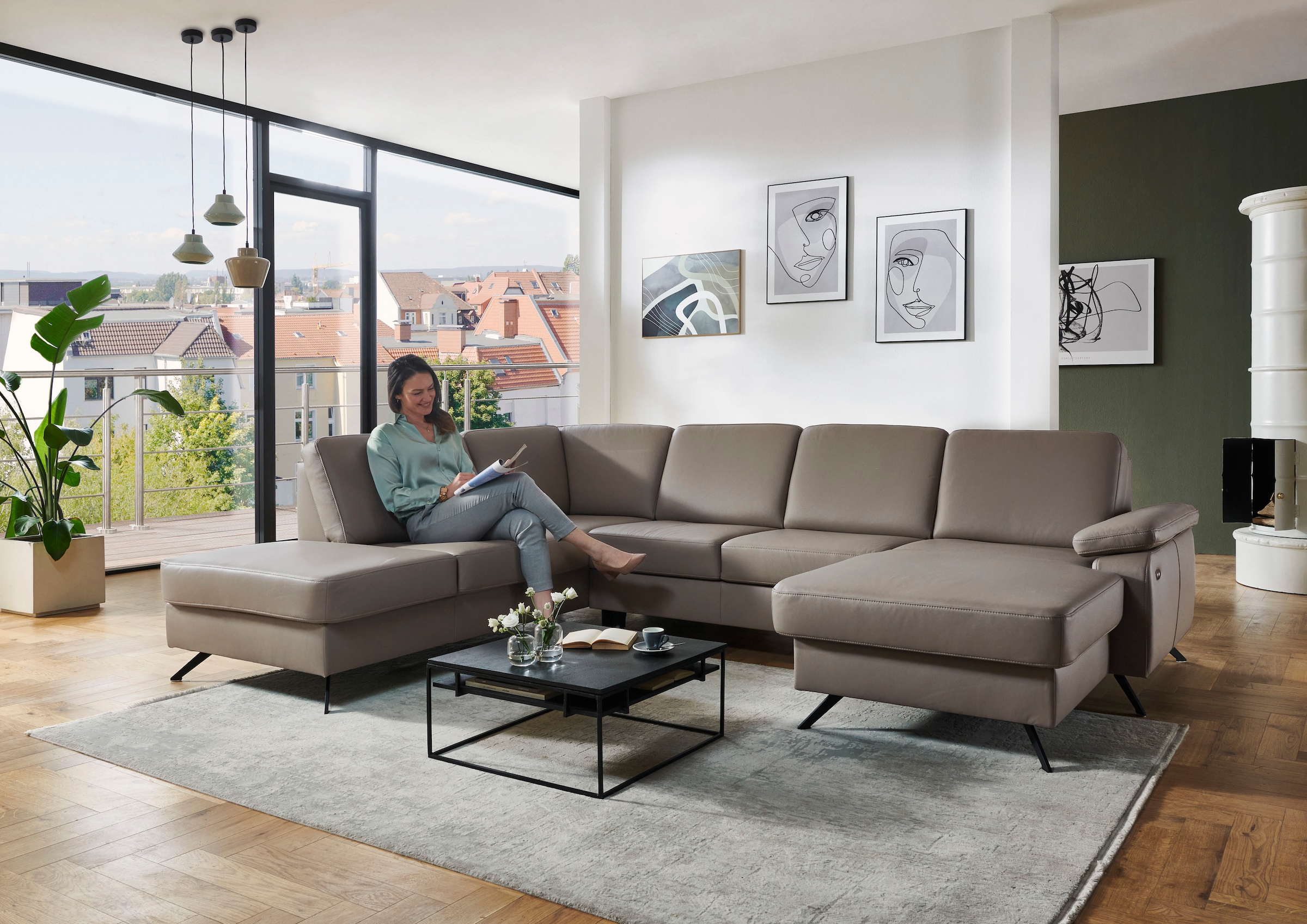 Die PlanBar Wohnlandschaft »PN-EM15047 U-Form, ohne Kopfstützen« Echtleder, wahlweise mit  Bettfunktion u. Stauraum