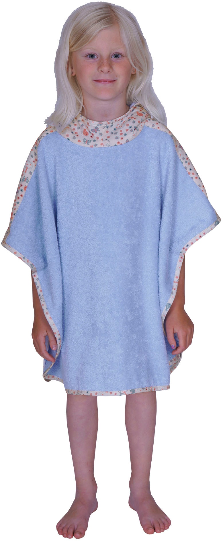 Wörner, Unisex, Badeponcho »Vogel« Außenseite Kapuze und Schulteraufsatz aus bedrucktem Single-Jersey, sky, Länge: 60 cm, flauschige Frottierware