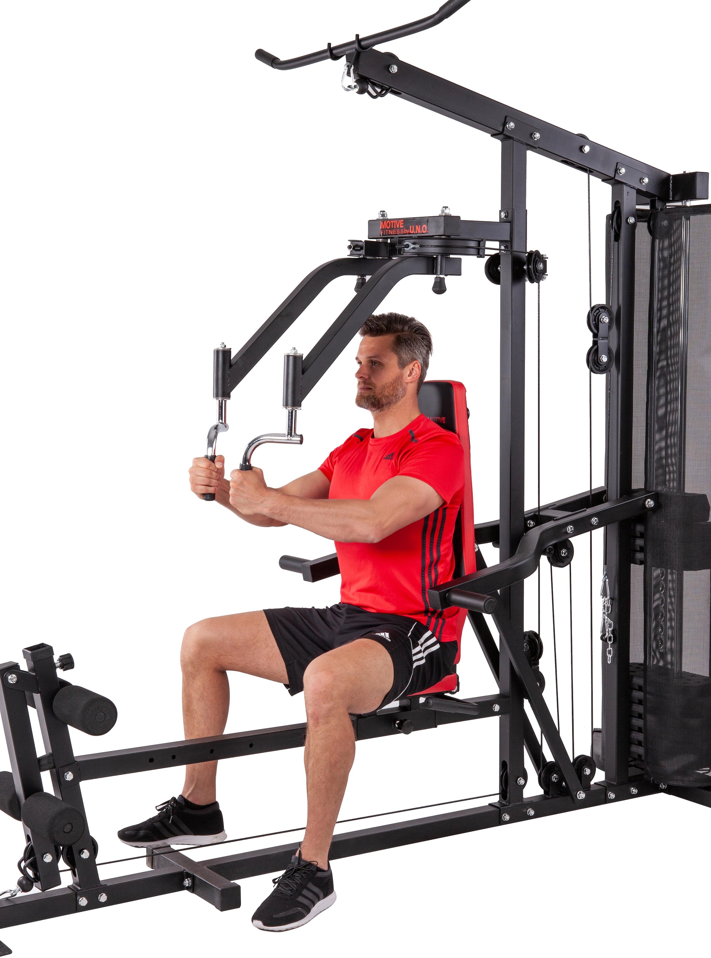MOTIVE FITNESS by U.N.O. Kraftstation »Multi-Gym Competition«, 10 Gewichtsblöcke, (Butterflystange, Latzug, Ruderfunktion und mehr), multifunktionale Fitnessstation, max. Trainingsgewicht 45 kg