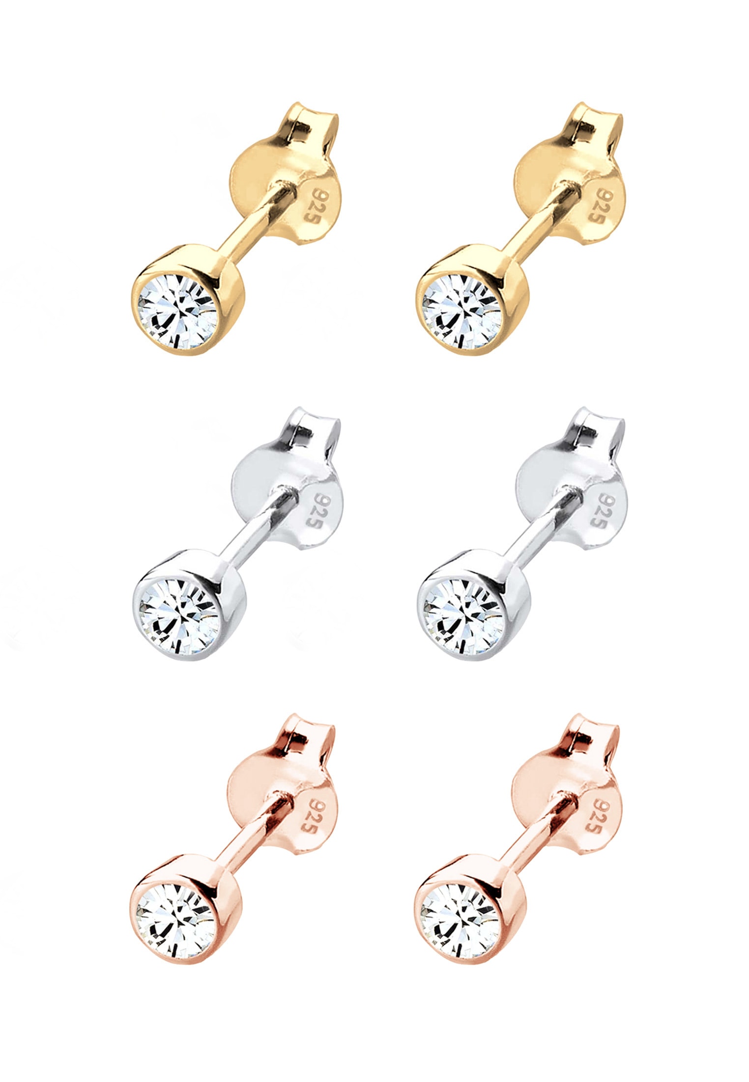 Elli Ohrstecker-Set »Ohrringe Ohrstecker 3er Set Tri-Color Kristalle 925 Sterling Silver Rosegold«