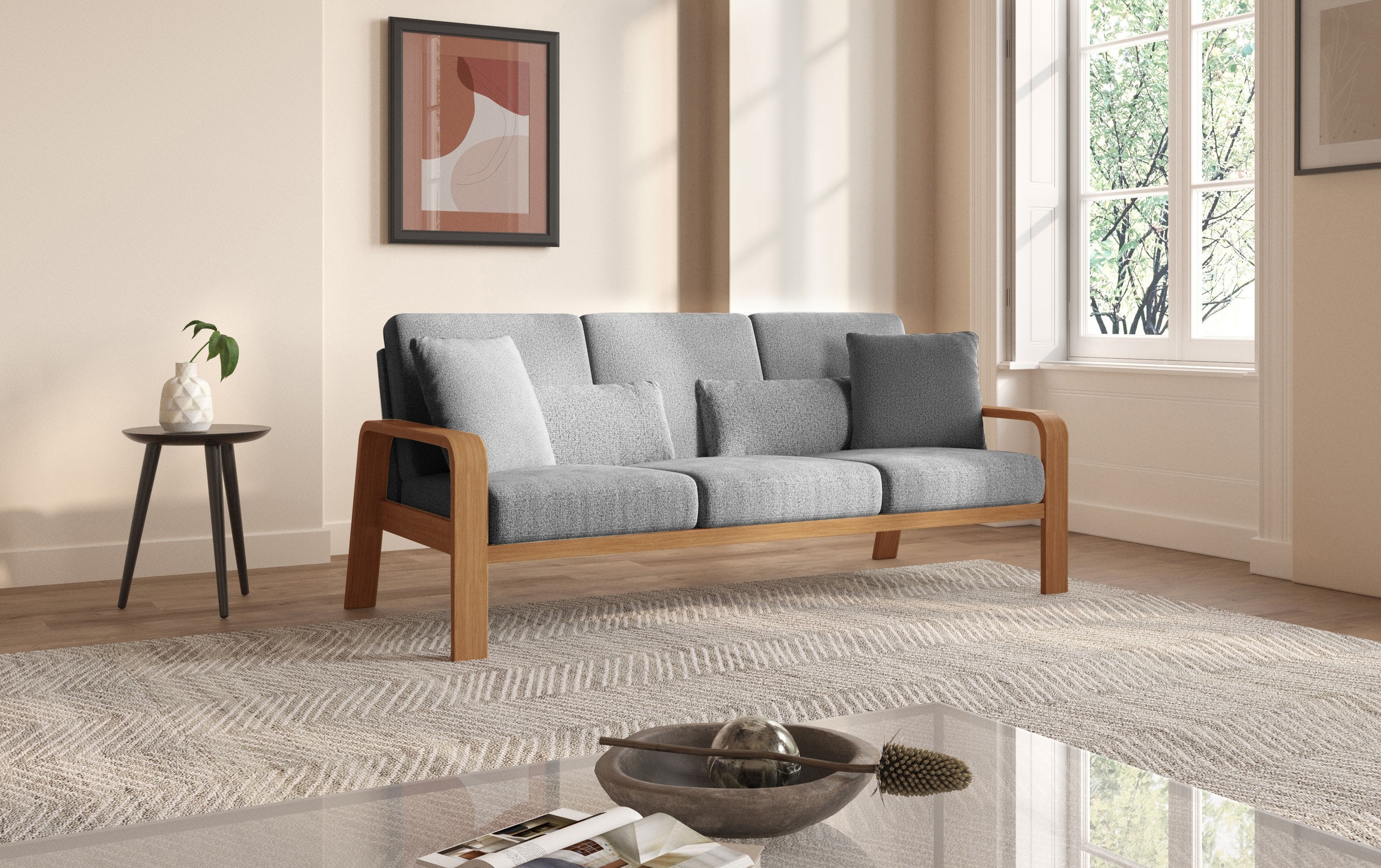 sit&more 3-Sitzer »Kolding«, Armlehnen aus eichefarbigem Buchenholz, verschiedene Bezüge und Farben